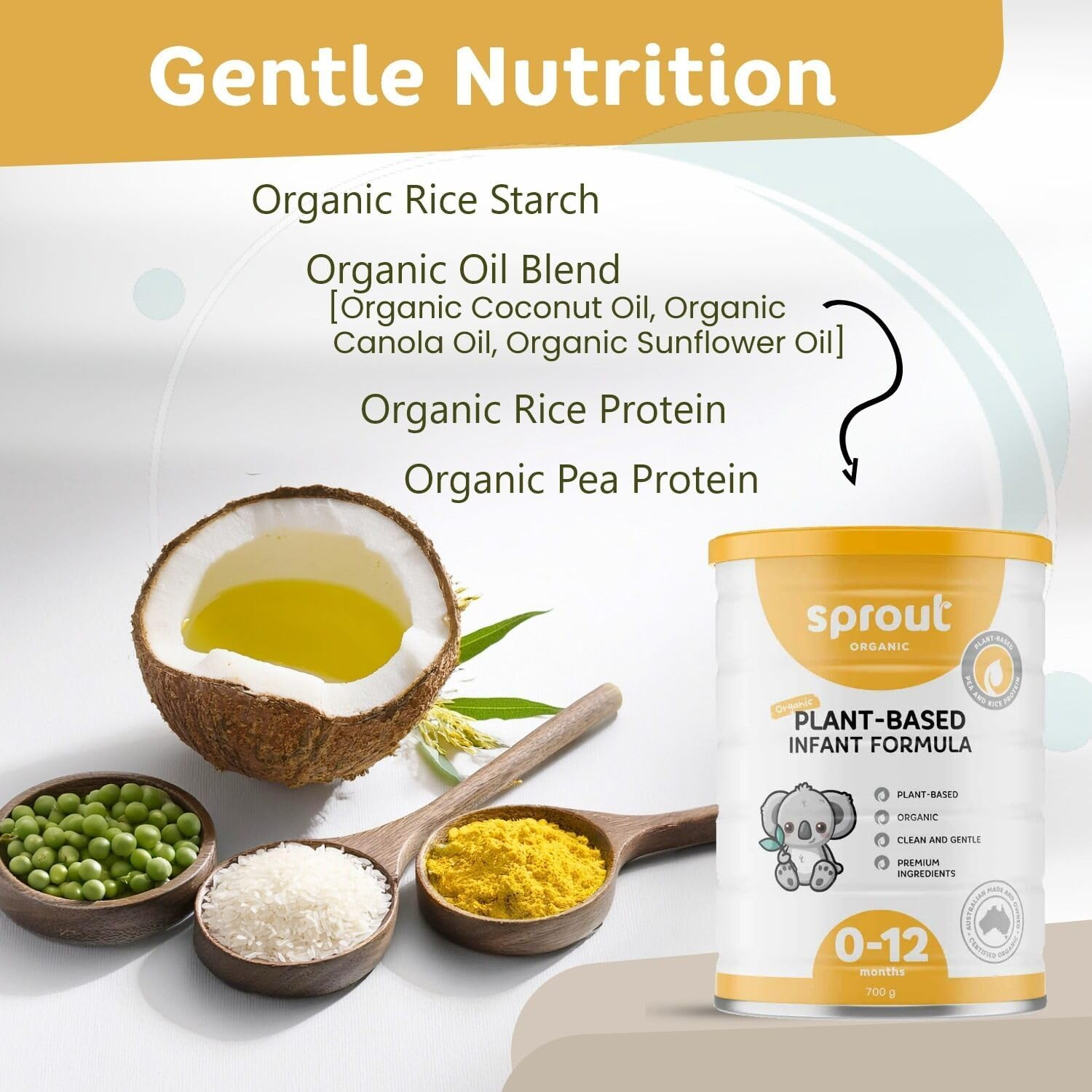 Sprout Organic Vegan Baby Formula, Plant-Based Baby Food for 0-12 Months, Foods Enriched with DHA, Dairy-Free, Soy-Free, Made in Australia (700G Tin) image number 3
