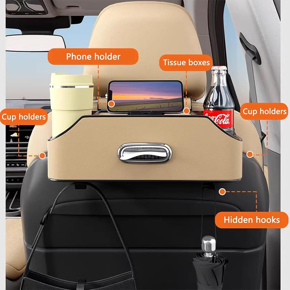 Car Seat Back Organizer,With 2 Cup Holder & Tissue Box and Storage Box Hook Food Sauce Storage Holder Car Interior Accessories for Driving, Travel, Road,Waterproof and Scratch Resistant(Beige)