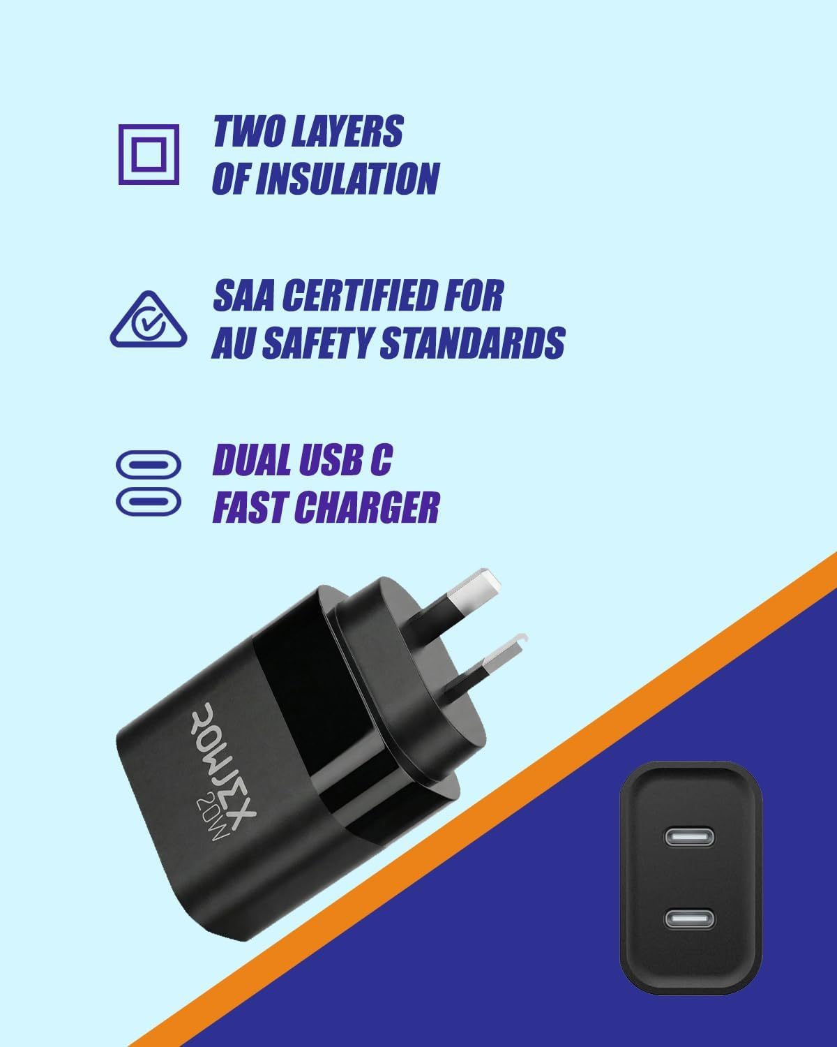 USB C Charger Dual Port, 20W Wall Charger Block, PD Fast Charging Type C Adapter, SAA (Standards Association of Au) Certified for Iphone 15/14/13, Samsung Galaxy, Ipad &ndash; Compact Type C Charging Block image number 1