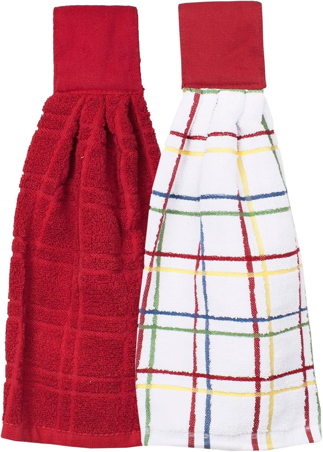 Ritz Premium 100% Cotton Solid and Multi Check Kitchen Tie Towel, Absorbent, Super Soft, and Fast Drying Hang Towel, Set of Two, Paprika Red, Solid & Checked - 2 Piece