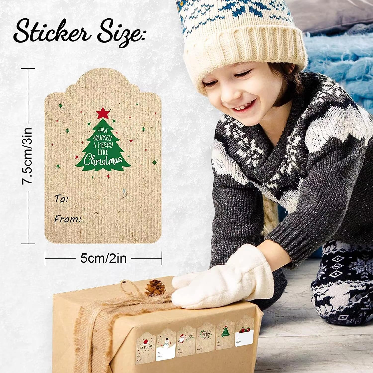300 Pcs Brown Kraft Christmas Stickers, 6 Designs, 2 X 3 Inch Rectangular Labels Tags image number 5