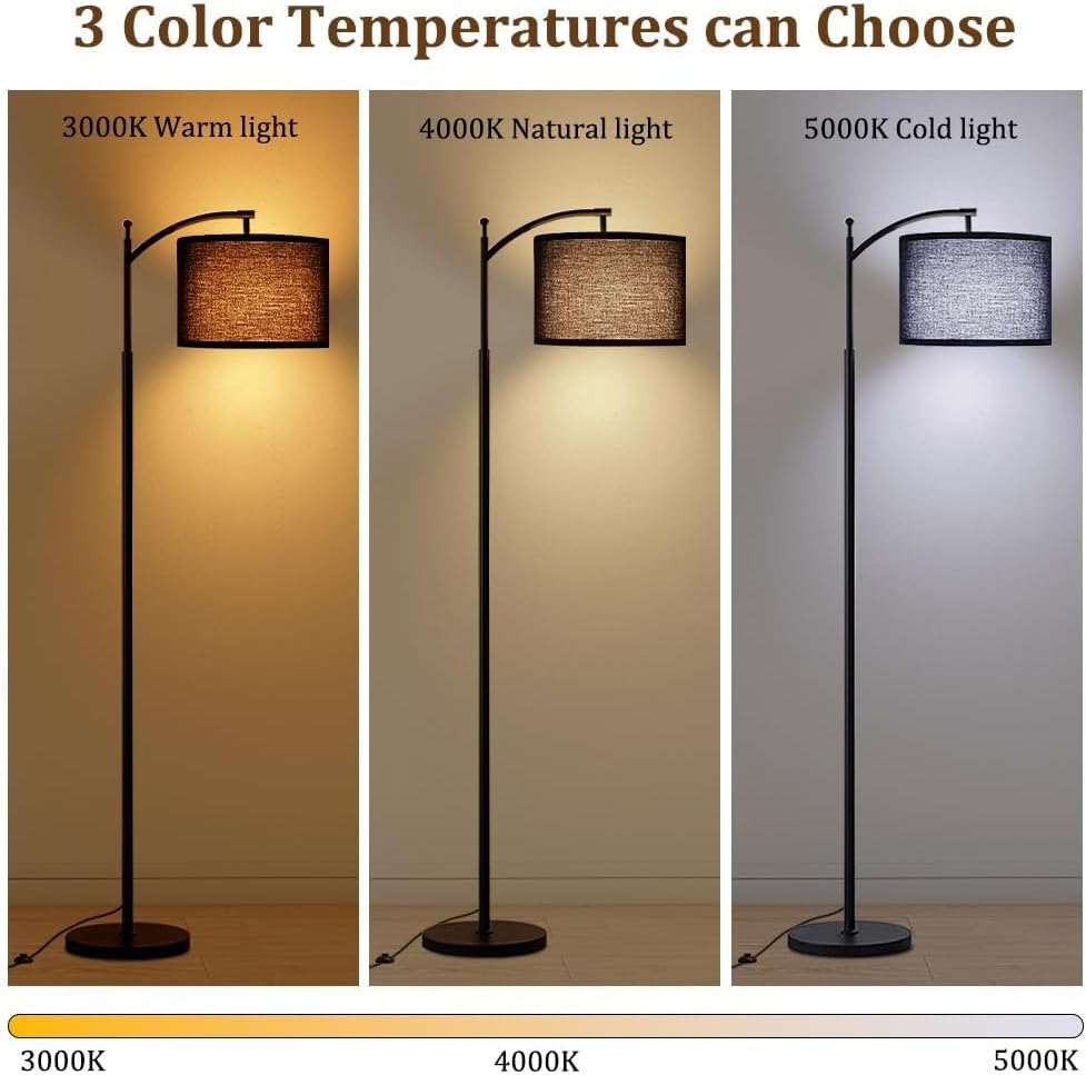 61'' Floor Lamp for Living Room, Necomi Curved Floor Lamp, 3 Colour Temperatures 3000K-5000K, Modern LED Floor Lamp with 9W LED Bulb and Linen Shade (Adjustable), Bedroom Office Dining Room（Black image number 2