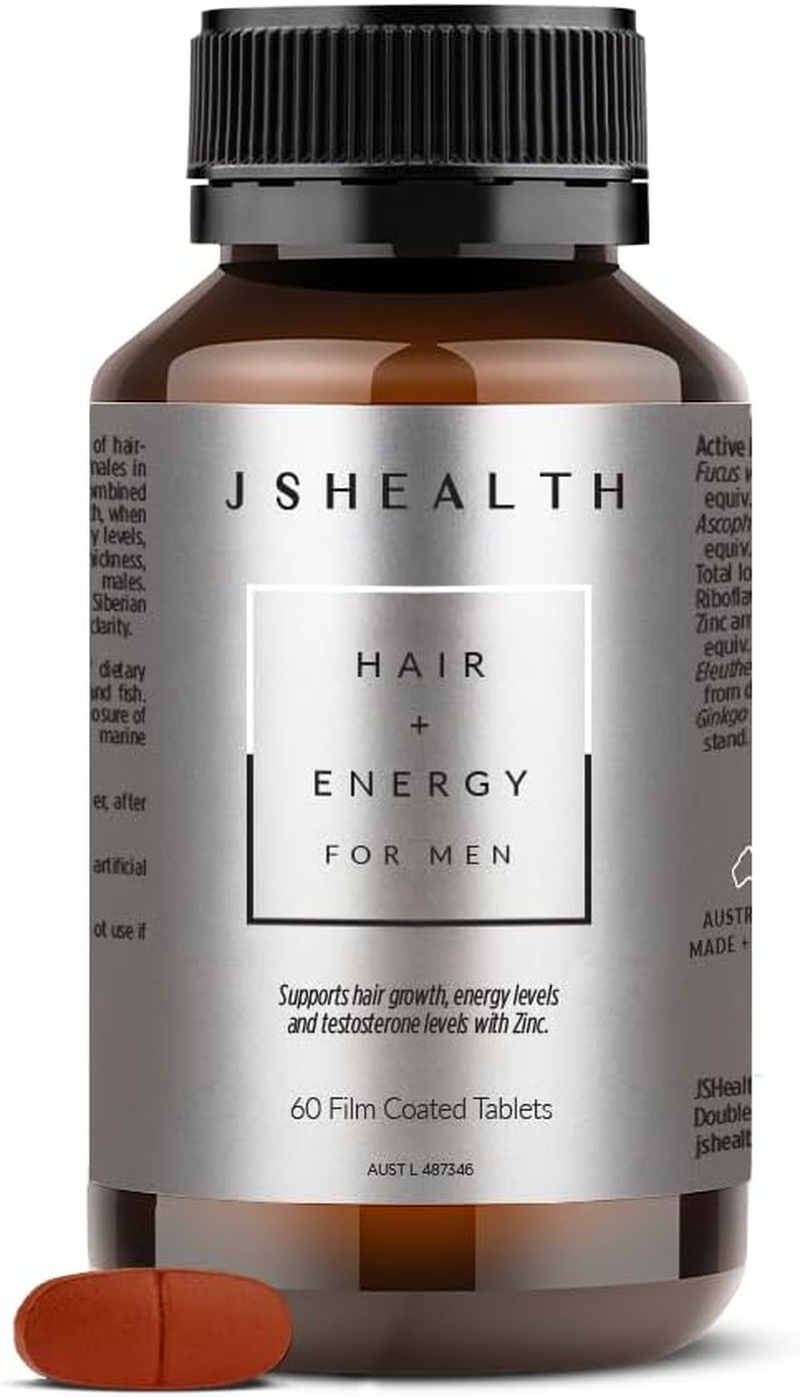 Jshealth Hair + Energy for Men, Hair Growth Support Supplement with Zinc and Iodine, 60 Film Coated Tablets