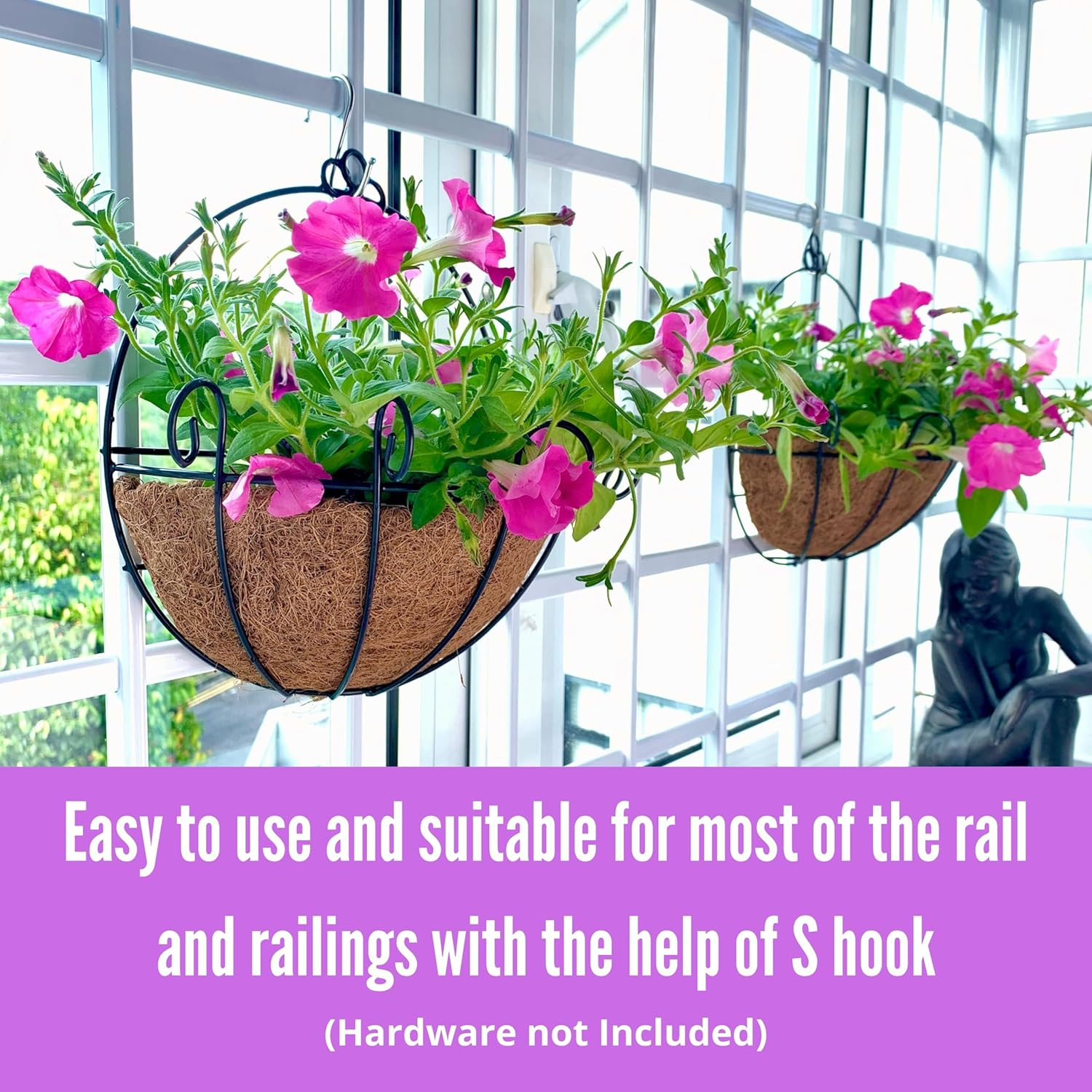 Shoplala Wall Planters for Outdoor Plants (4 Pack, 10 Inch) Metal Black Wire Flower Baskets with Coco Liner, Fence Hanging Planter Balcony over Deck Porch Railing Rail Patio Modern Herb outside Garden image number 1