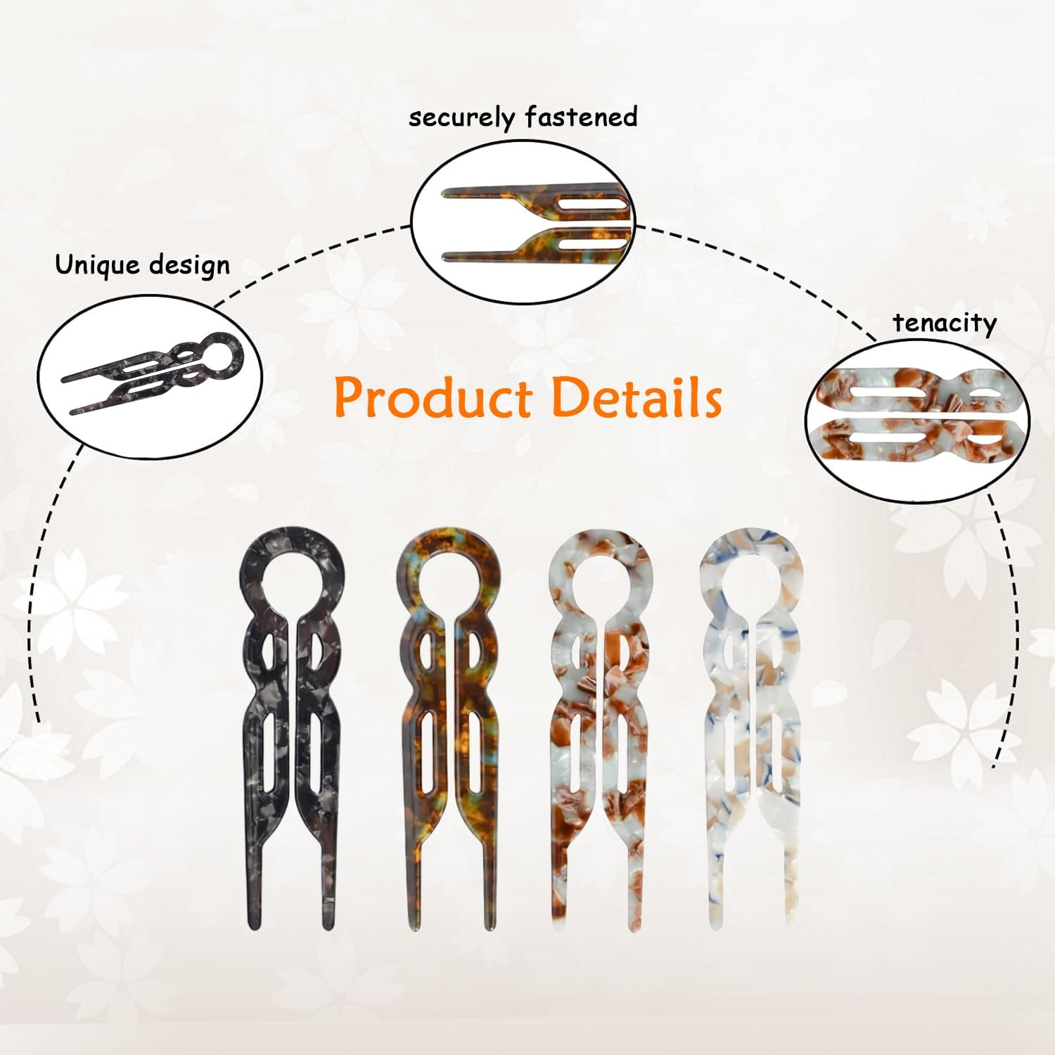 4 PCS French Hair Pins, Long Elegant Hair Clips for Women, Hair Accessories for Women, Spiral Hair Pins for Thin Thick Fine Long Hair, Stylish Hairpins in Marble, Vintage Green, Black Floral, Brown image number 6