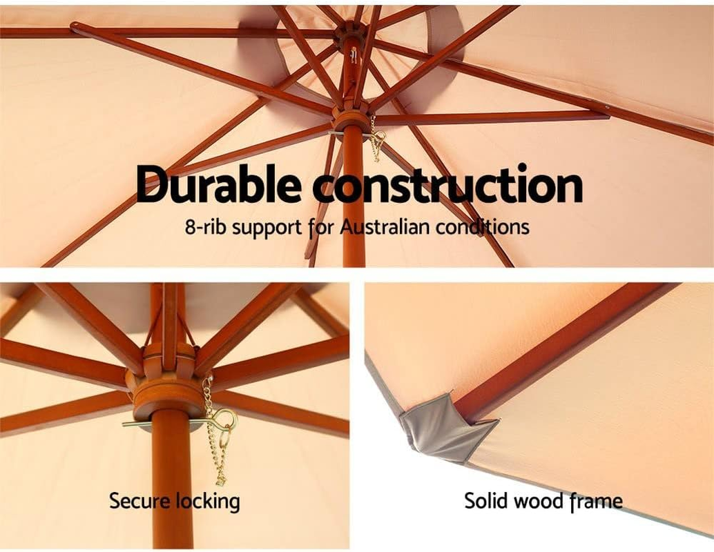 Instahut Outdoor Umbrella 3M Beige Pole Stand, Sun Beach Garden Patio Gazebo Shade, Water Resistant and UV Height Adjustable Wooden Frame image number 5