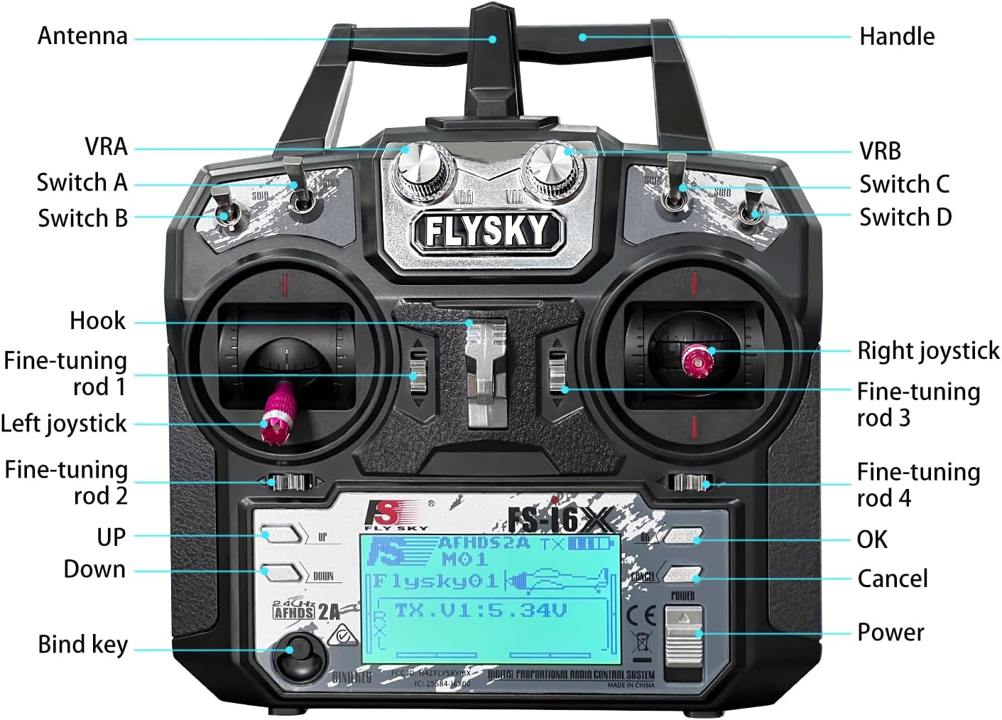 HAWK'S WORK Flysky Fs-I6X 10Ch Transmitter with Fs-Ia6B Receiver, 2.4Ghz RC Controller for RC Car Boat Airplane Helicopter Drone Robot & Construction Vehicle (Mode 2) image number 2