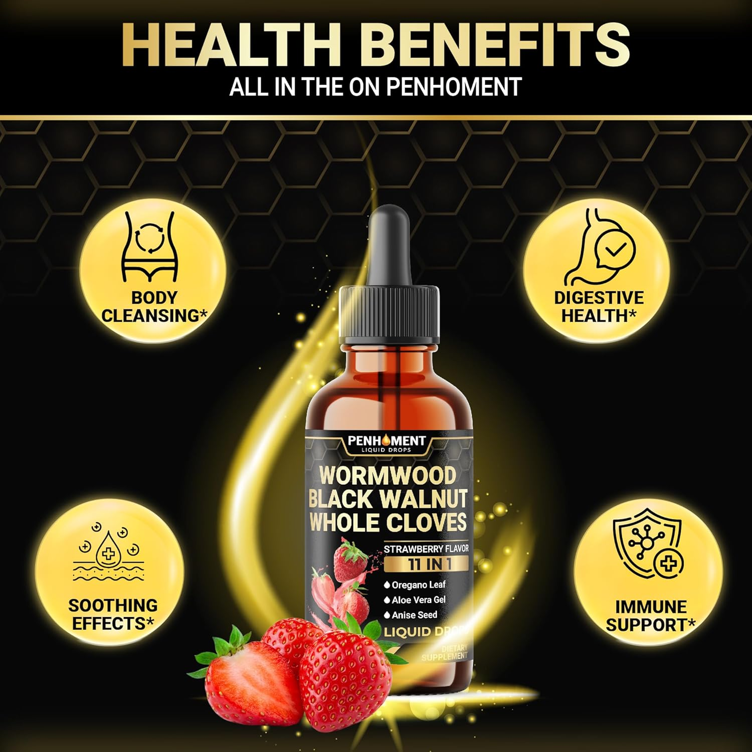 Penhoment 11In1 Wormwood Liquid Drops - Black Walnut Wormwood Liquid Extract with Whole Cloves, Reishi, Peppermint, Oregano, Aloe Vera, Anise Seed - 2 FL OZ - 60 Days Supply - Strawberry Flavor image number 1