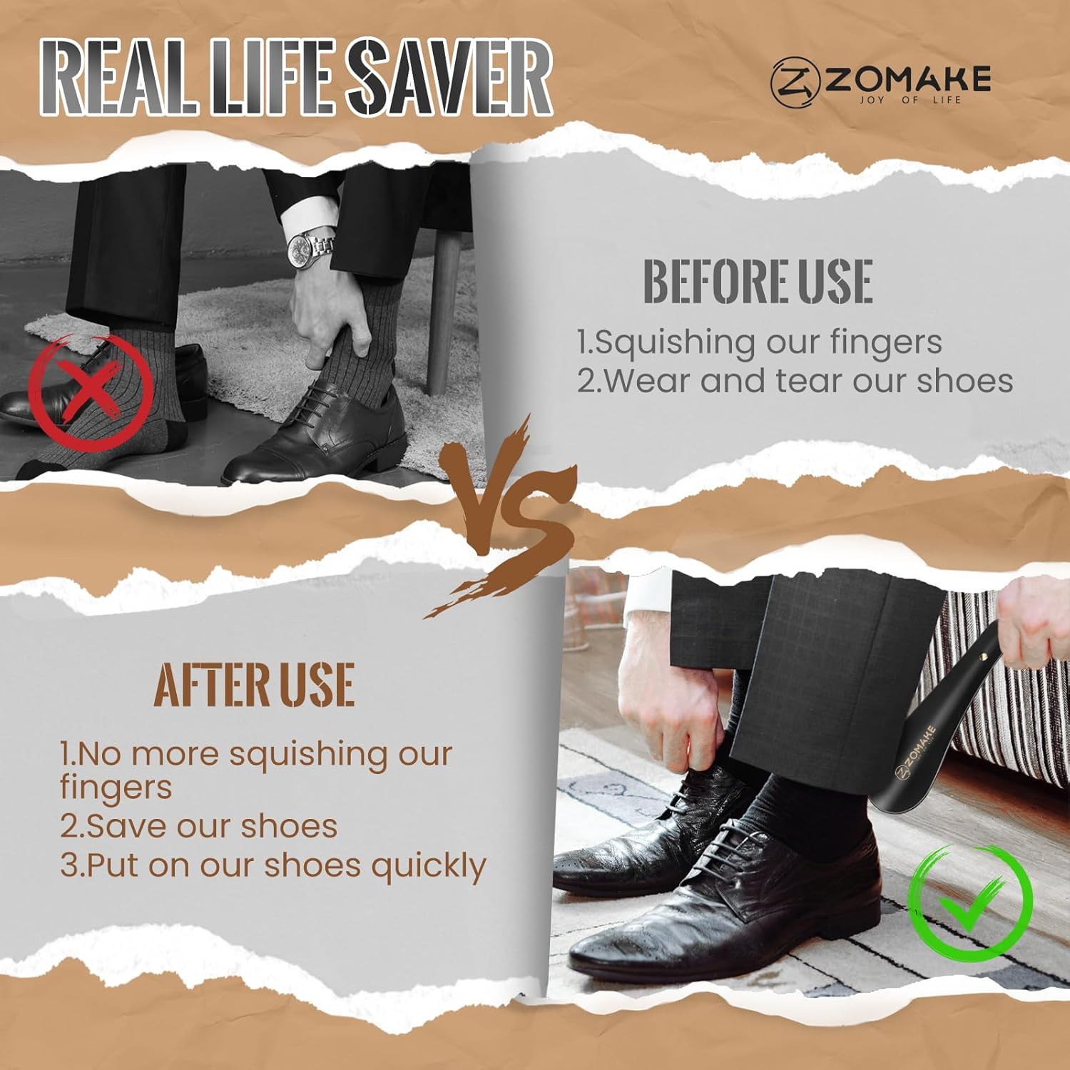 ZOMAKE Metal Shoe Horn Small Shoehorn 5.9 Inch - Travel Shoe Horns Stainless Steel Shoehorns Comfortable Handle with Hook for the Elderly Kids Men Women - Black/1Pcs image number 1