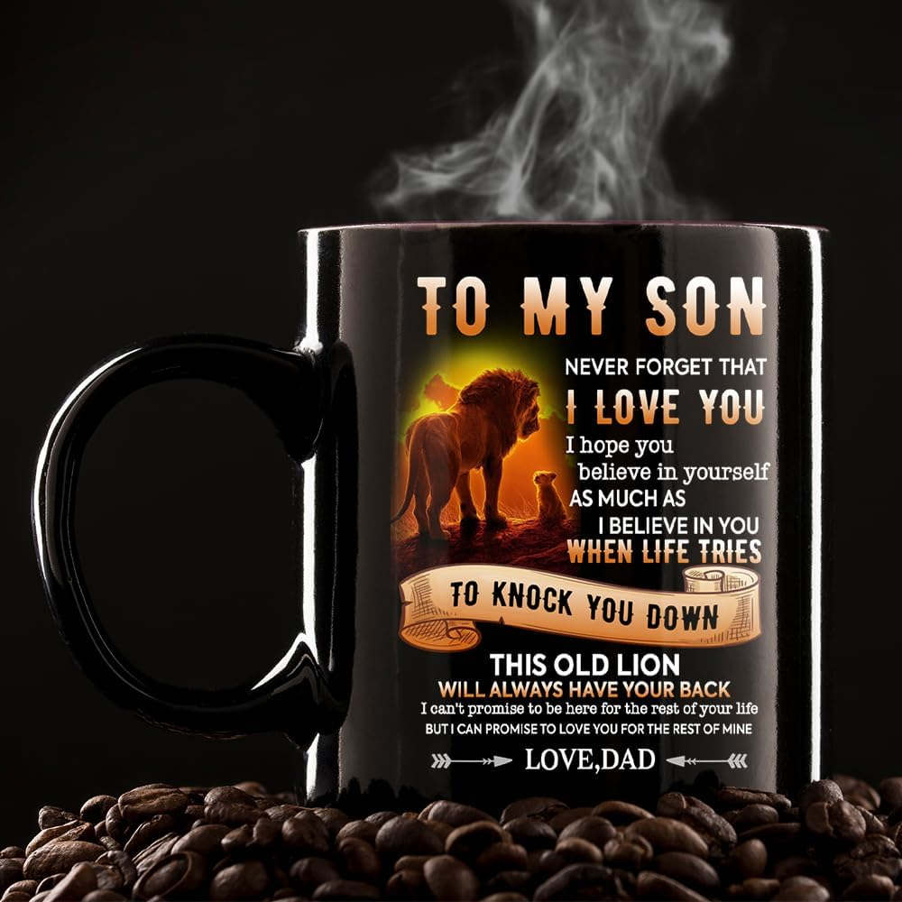 Fatbaby Birthday Coffee Mug Gifts for Son from Dad,Dad to My Son Gifts for Christmas Thanksgiving Farewell,Male Lion Black Tea Cup 11OZ image number 5