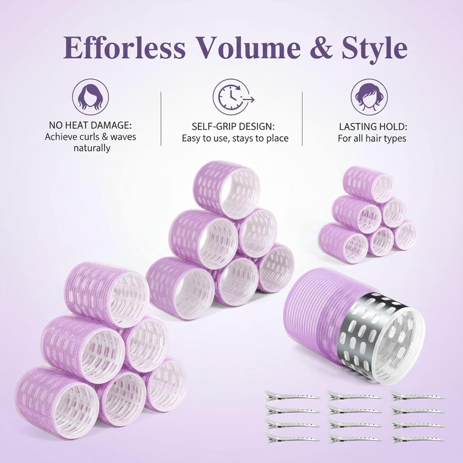 30PCS Thermal Hair Rollers Set with Clips &ndash; Jumbo Self-Grip Rollers (64Mm, 48Mm, 36Mm) for Long, Medium, Short Hair Volume & Salon Styling &ndash; Geiwogwc (Light Purple, Medium) - Black image number 3