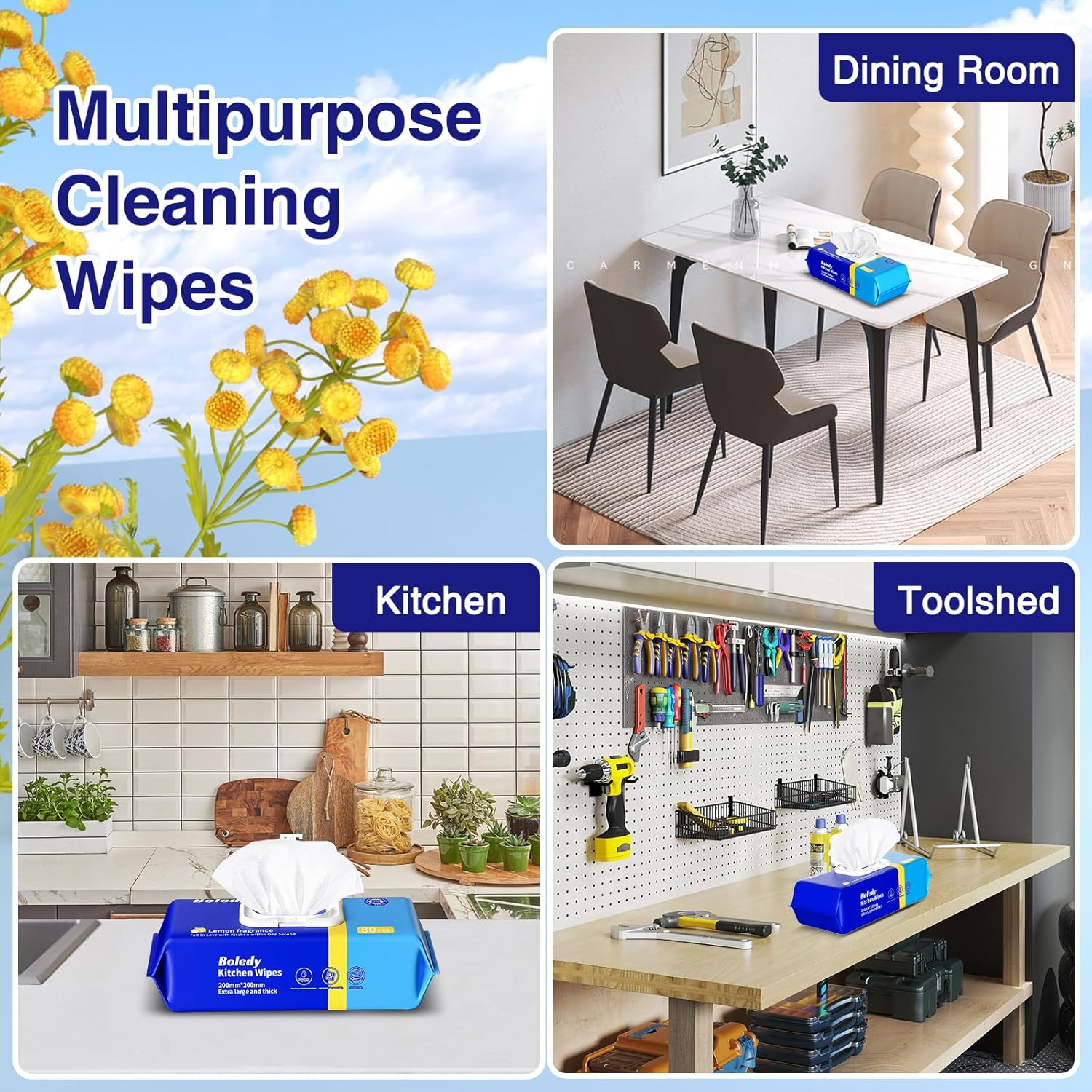 480 Count Extra Large Kitchen Wipes, Antibacterial Disinfectant Lemon Scent, Heavy-Duty Degreasing & Decontamination Multi Functional Household Cleaning, Non Woven Fabric(Pack of 6) image number 3