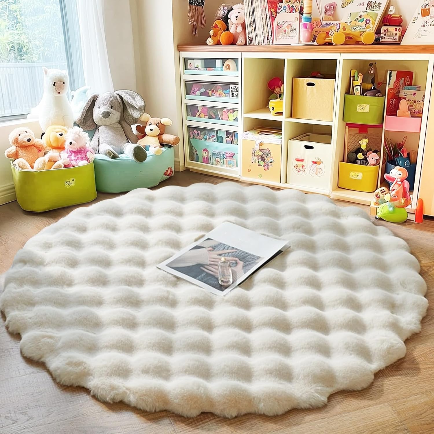 Round Fluffy Rug for Living Room, Luxury Soft Shaggy Faux Fur Area Rugs for Bedroom, Modern Indoor Washable Furry Plush Carpet Anti-Skid Floor Mats for Home Decor (Beige, 120Cm) - White image number 6