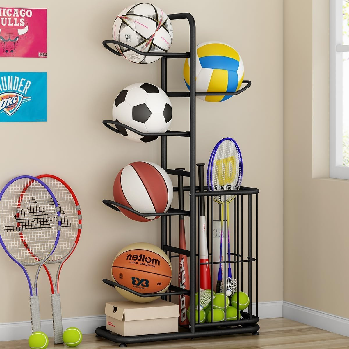 Ball Storage Rack with Basket - Football Stand, Sports Equipment Organizer for Garage, Basketball Holder, Toy/Sports Gear Storage Indoor (5 Balls) image number 6