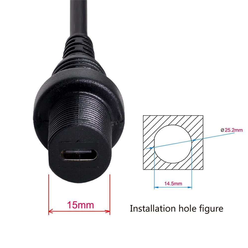 NFHK Waterproof USB-C Type-C USB 3.1 Extension Flush Car Mount Extension Cable for Dashboard Panel - Black Latch Type image number 4