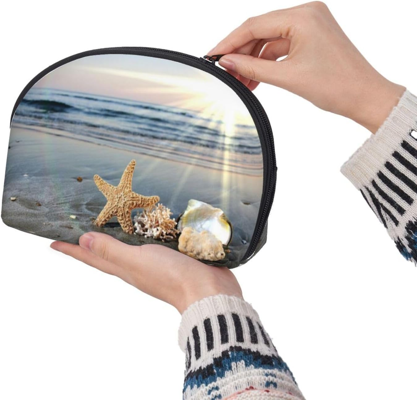 Coin Pouch Makeup Bags Set, 2 Piece Shell Shape Cosmetic Bag with Pockets for Daily Travel Handbag Lipstick Keys Toiletry, Personalized Starfish Shell Sunny Beach image number 6