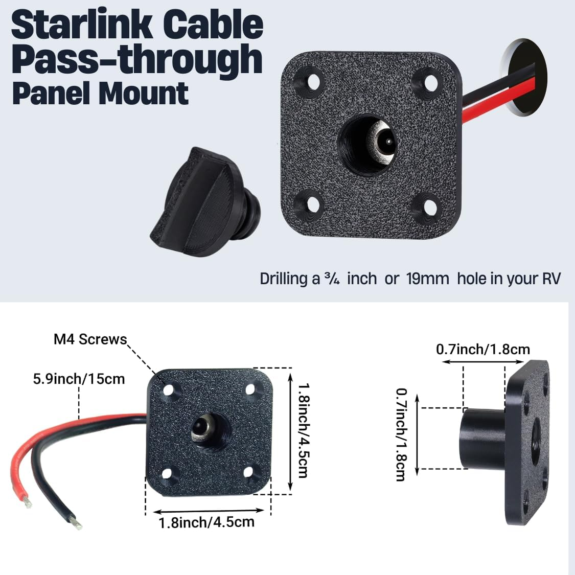 RV DC Cable Panel Mount for Starlink Mini, 5.5 X 2.1Mm 2-Pole DC Power Jack Female，Waterproof Passthrough (Black) image number 2