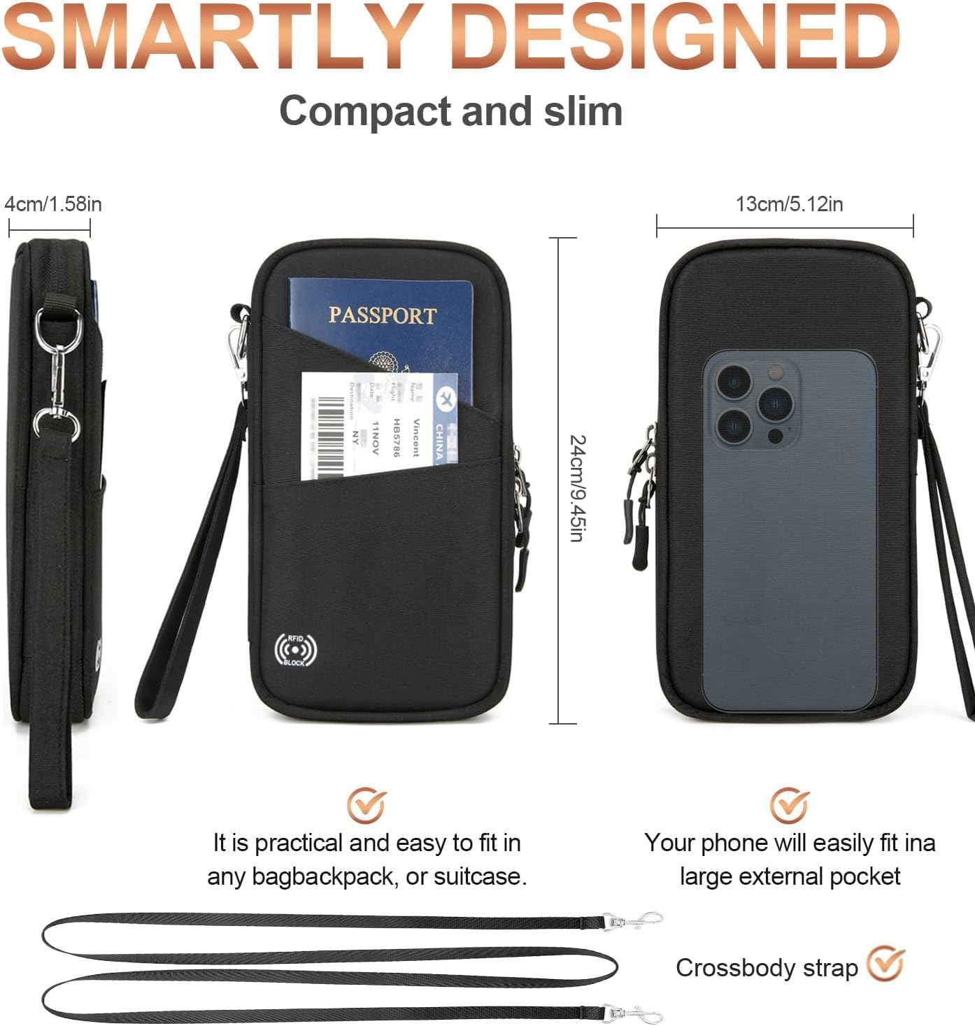 H HOME-MART RFID Travel Passport Wallet and Passport Holder with Crossbody Strap,Family Passport Holders-Travel Accessories H Document Airplane Holiday Unisex Passport Wallets Cover Case