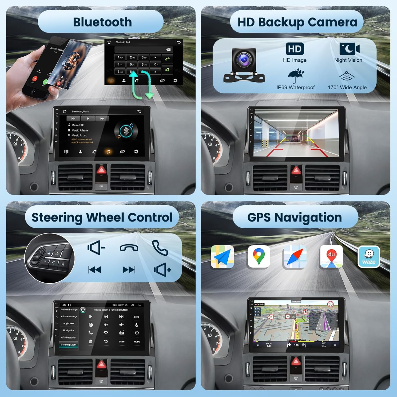 2+64G Android Car Stereo for Mercedes Benz C Class W204 2006-2011 with Wireless Apple Carplay&Android Auto, 9" Touch Screen Car Radio Support Bluetooth GPS Wifi Hifi USB SWC FM/RDS+HD Backup Camera image number 6