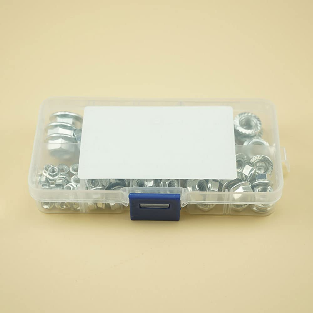 M3-M10 100 PCS Hex Flange Nuts Sets, Hex Carbon Steel Zinc Serrated Threaded Nuts Kit Flange Locknuts Assortment Kits