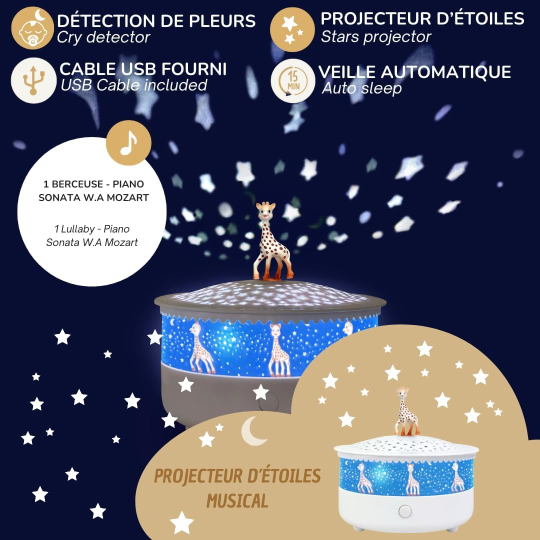 Trousselier 6260815 Sophie the Giraffe Starry Sky Night Light with Music, Night Light with Schrip, Starlight, Sleep Aid, Music Box for Children image number 2