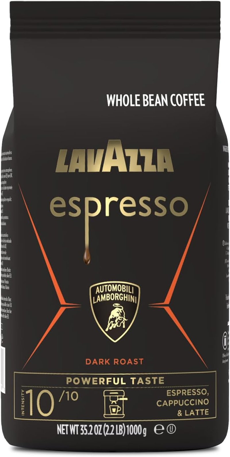 Lavazza, Espresso for Automobili Lamborghini, Coffee Beans, Ideal for Espresso Coffee Machines, with Aromatic Notes of Chocolate and Cocoa, Arabica and Robusta, Intensity 10/10, Dark Roasting, 1 Kg