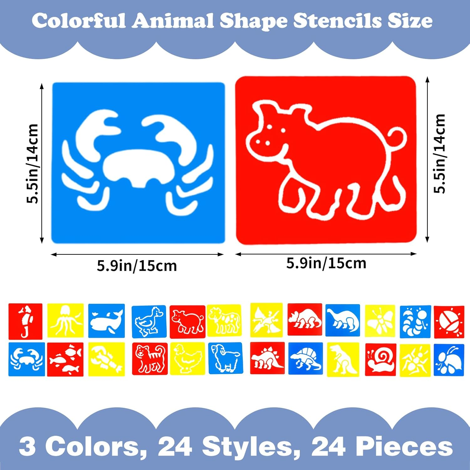 24 Pieces Stencils for Kids, 5.9 X 5.5 Inches Drawing Chalk Stencils, Colorful Washable Animal Themed Painting Stencil Primary Shape Template for Kids Toddlers Preschooler image number 6