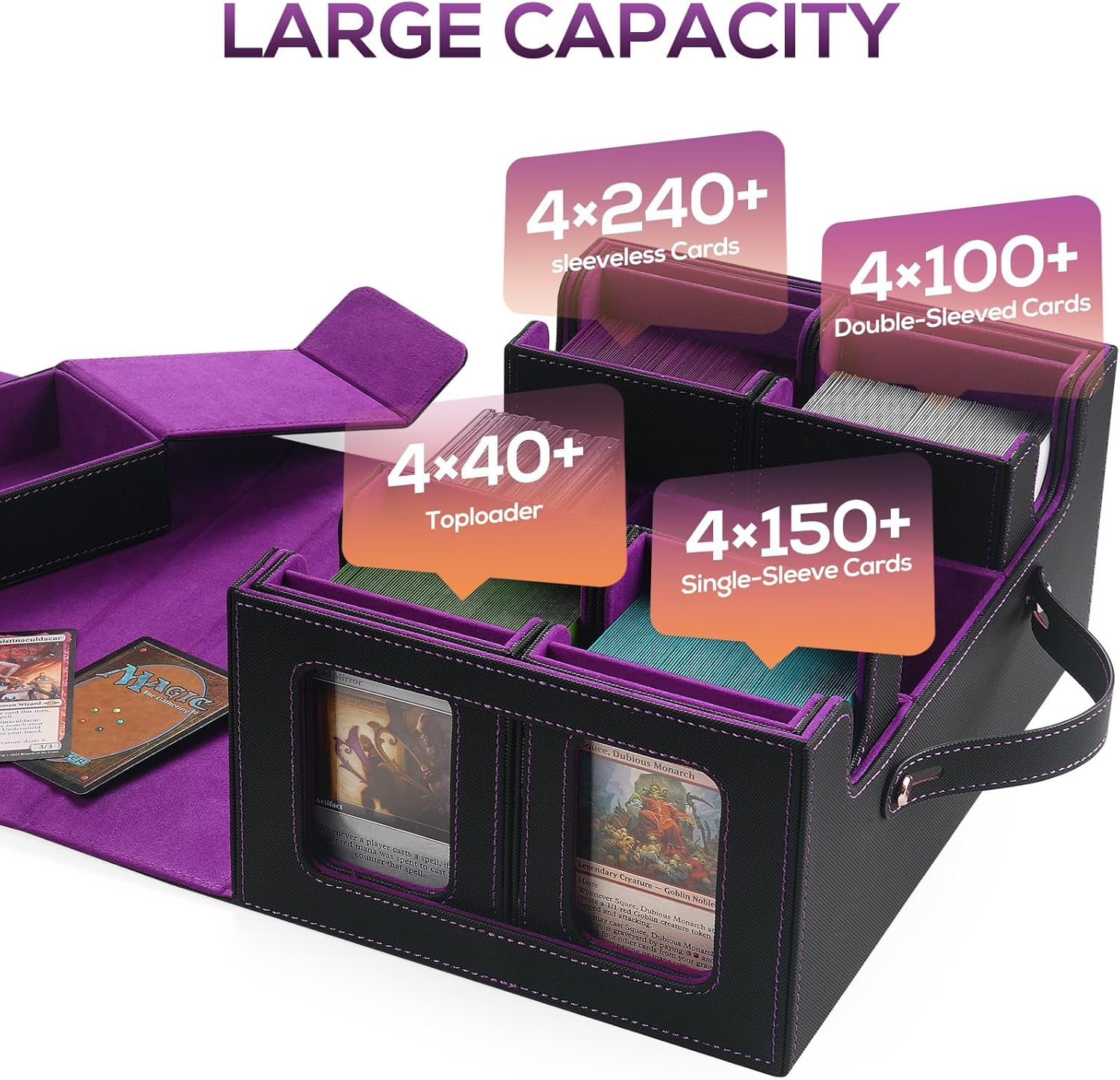 Cyperever Trading Card Storage Box for MTG, Card Storage Box with Commander Display, Multi-Purpose MTG Deck Box for Graded Storage with 4 Toploaders, 8 Stoppers, 8 Dividers (Black & Purple)