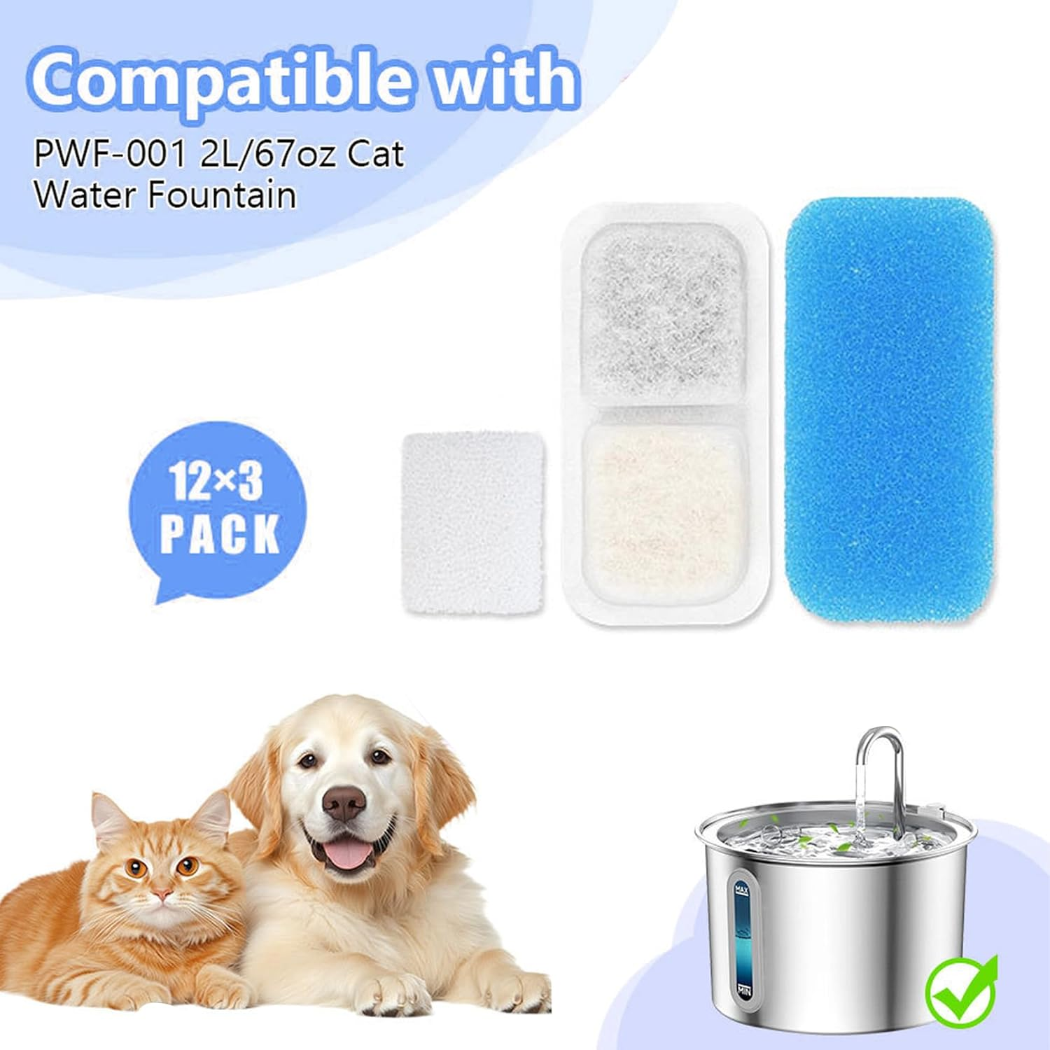 Pack of 12 Cat Fountain Filters Compatible with Oneisall PWF-001 2L/67Ozcat Water Fountain, Pre-Filtered Sponges image number 5