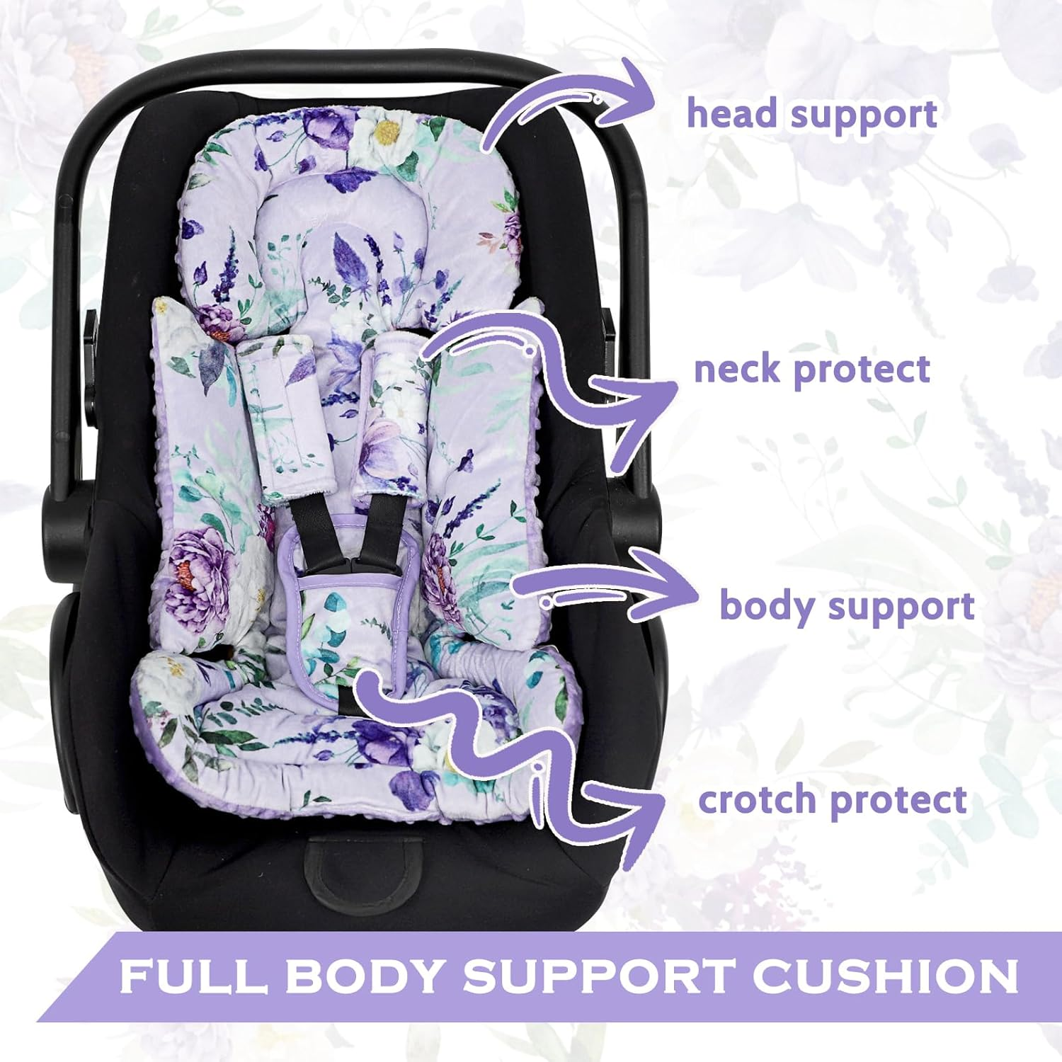 Infant Car Seat Insert and Strap Covers, Very Soft Car Seat Head Support Baby Girl Boy, Reversible Newborn Carseat Insert Cushion Fits for Stroller, Baby Swing, Bouncer (Purple Floral) - White Animals image number 7