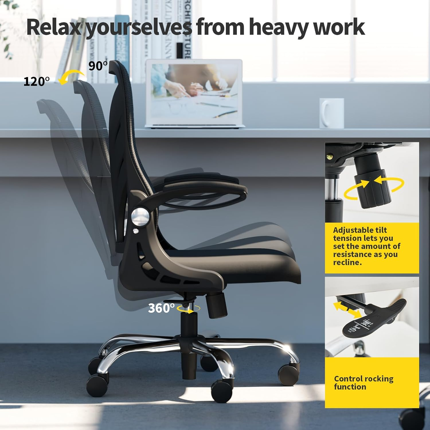 Ergonomic Office Chair with Foldable Backrest, Computer Desk Chair with Flip-Up Armrests, Mesh Lumbar Support and Tilt Function Big and Tall Office Chair, Black image number 3