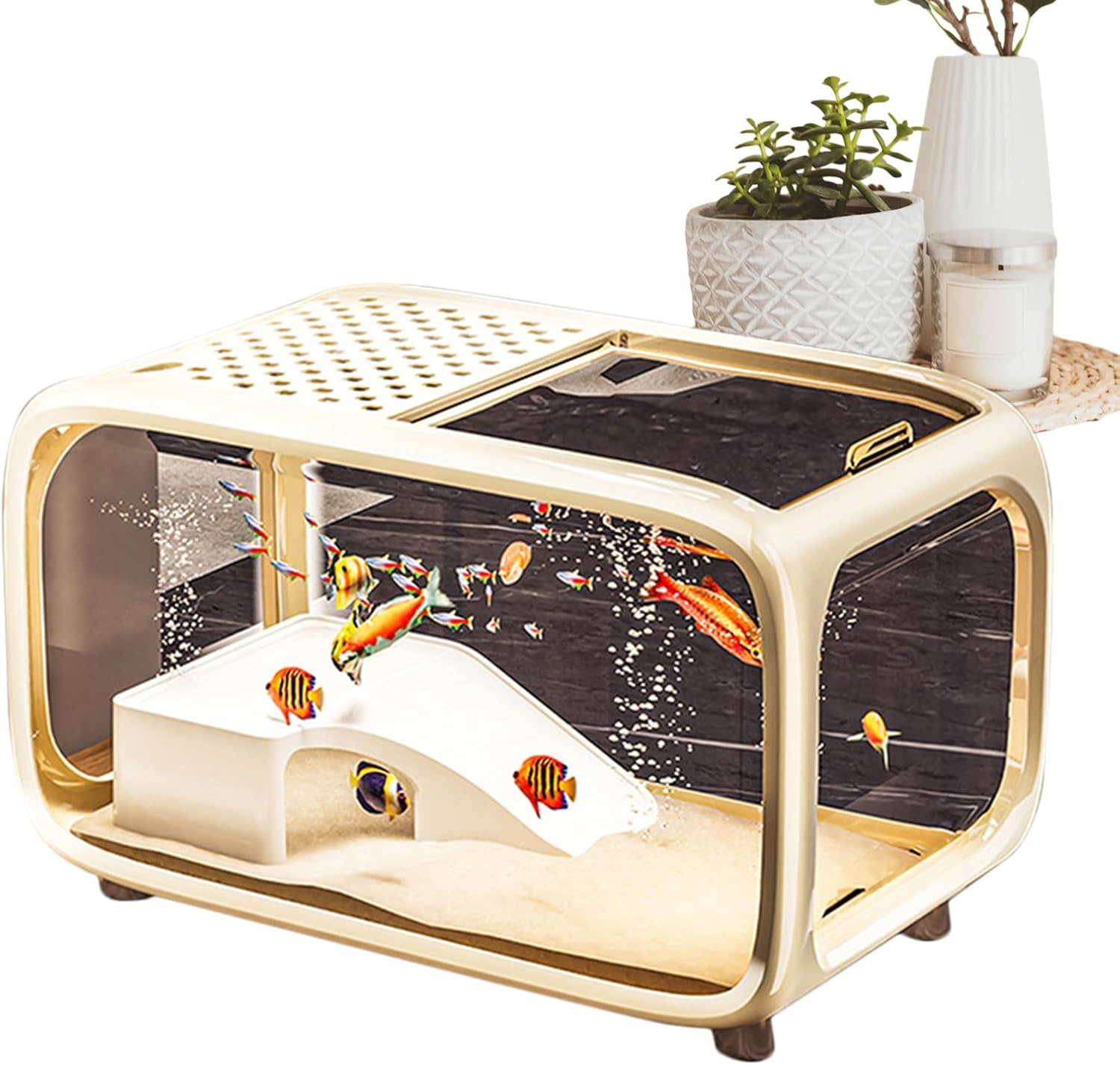 Desktop Fish Tank, Betta Tank Landscape Aquarium, Clear Acrylic Landscape Container Bowl with Top Feeding Hole for Betta Shrimp Snails Turtle Aquatic Animals