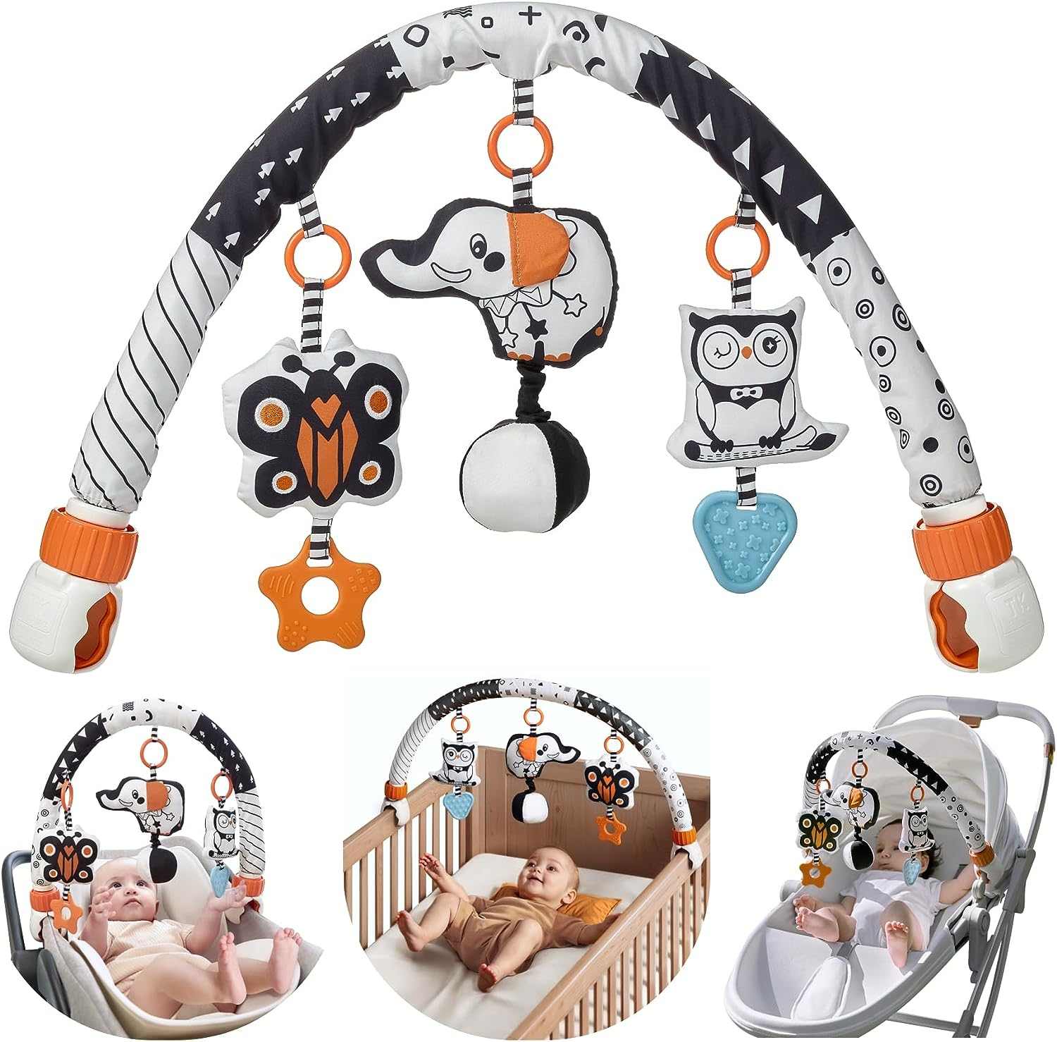 TUMAMA Car Seat Toys for Babies 0-6 Months, Stroller Toys for Infant 0-6 Months, Newborn Sensory Hanging Rattle Arch Toy with Butterfly Elephant Owls,Musical Toy for Baby 6-12 Months image number 1