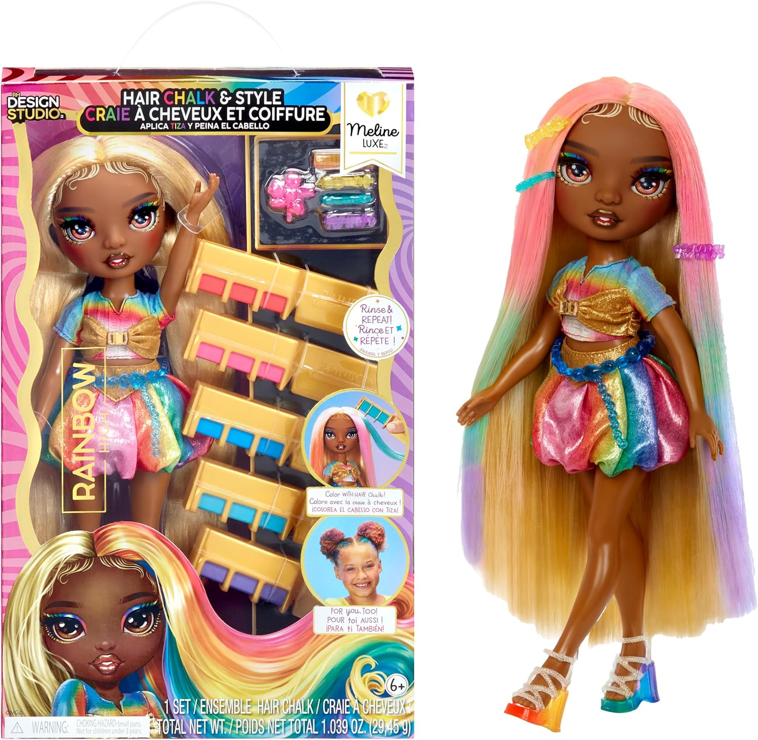 Rainbow High Hair Chalk & Style Doll - Meline - 28 Cm Rainbow & Gold Doll, Washable Hair Chalk, Colour, Style, Play, Rinse, & Repeat, for Children Ages 4 to 12+ image number 2