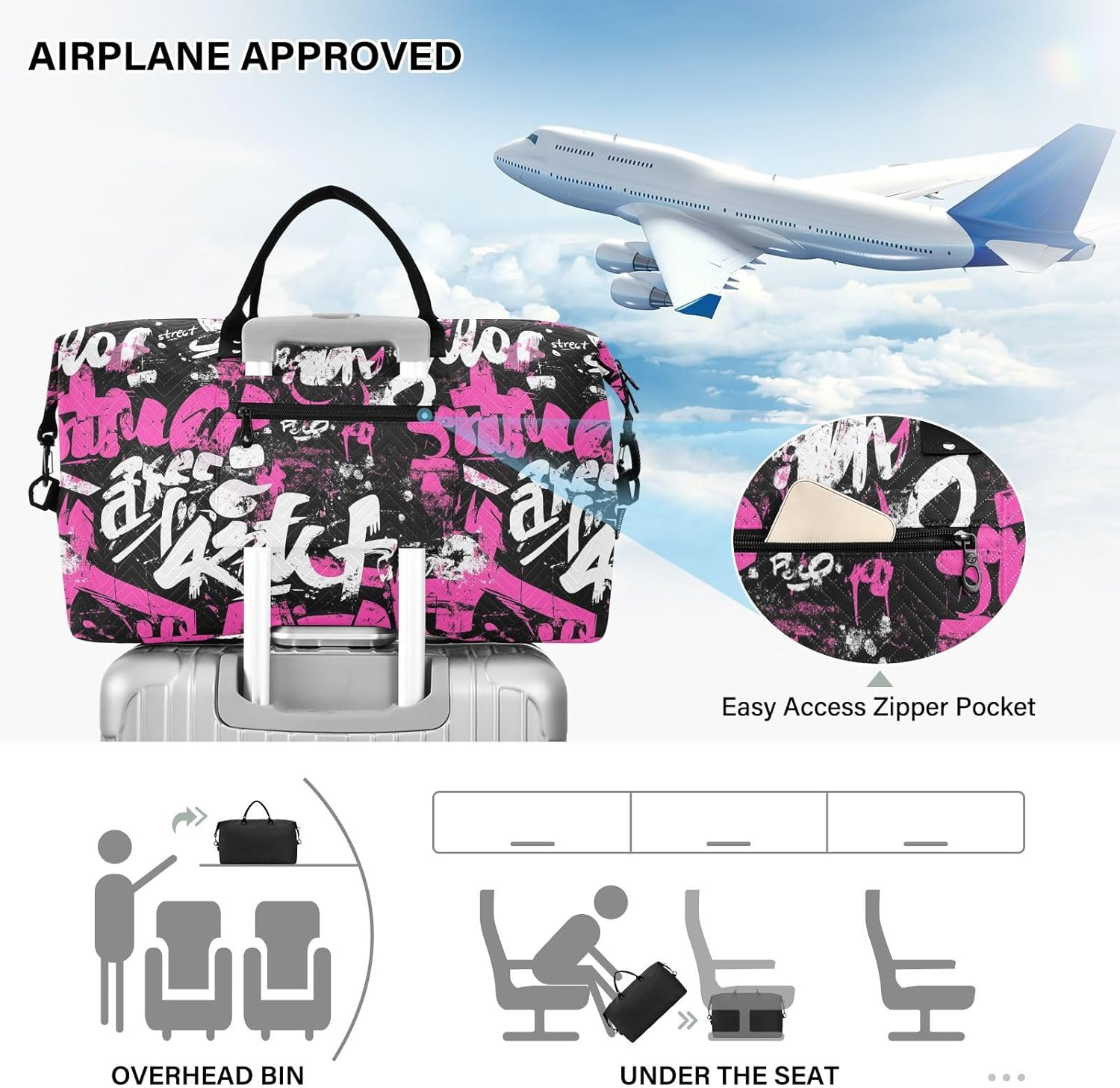 Travel Hand Bag Doodle Peach White Black Cartoon Travel Weekender Gear Bag with Adjustable Strap for Gym Multifunctional Bolsa Para Viajar En Avion De Mujer image number 1
