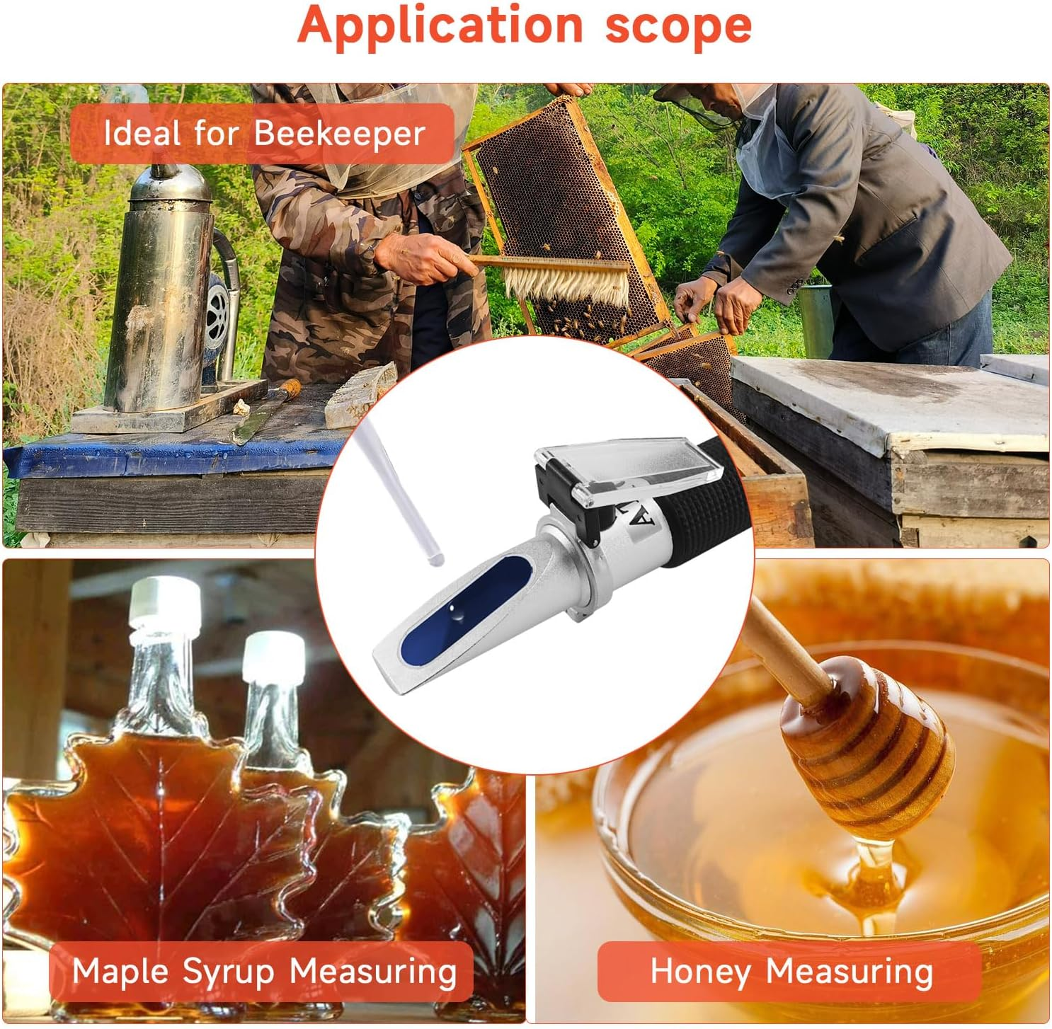 QUMOX 3-In-1 Honey Refractometer for Moisture, Brix and Baume, 58&ndash;90% Brix Scale &ndash; No Battery Needed, ATC Optical Tester for Honey, Syrup, Molasses, Beekeeping & Food Processing image number 1