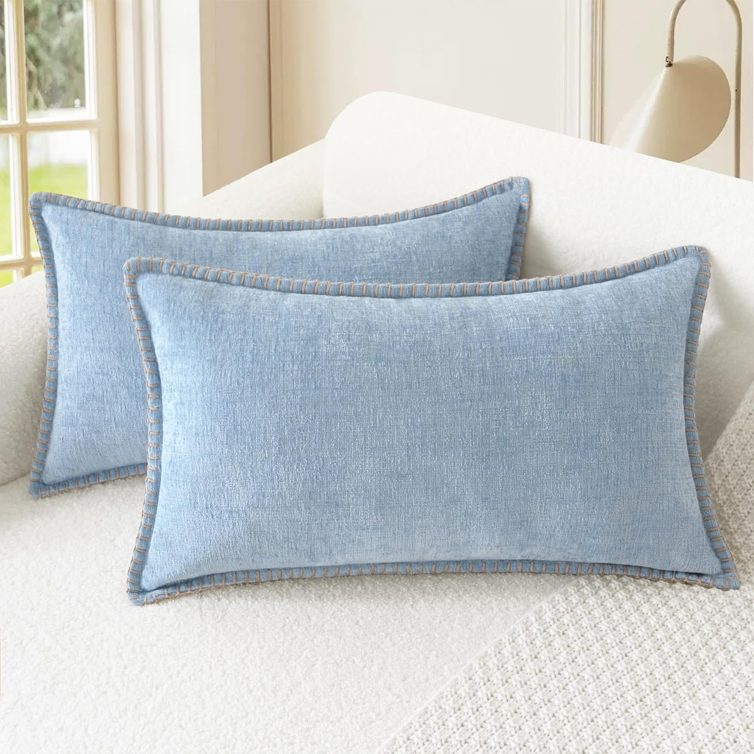 Calitime Christmas Throw Pillow Cases Pack of 2 Cotton Thread Stitching Edges Solid Dyed Soft Chenille Cushion Covers for Couch Sofa Home Farmhouse Decoration 12 X 20 Inches Burgundy