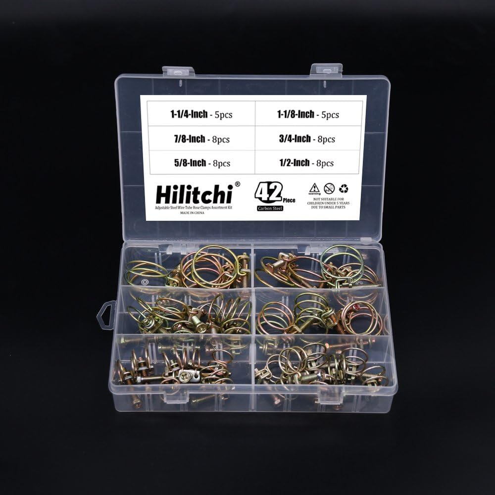 Hilitchi 42-Pcs 6-Size Adjustable Steel Wire Tube Hose Clamps Assortment Kit - Size Included 1/2'', 5/8'', 3/4'', 7/8'', 1-1/8'', 1-1/4'' image number 1