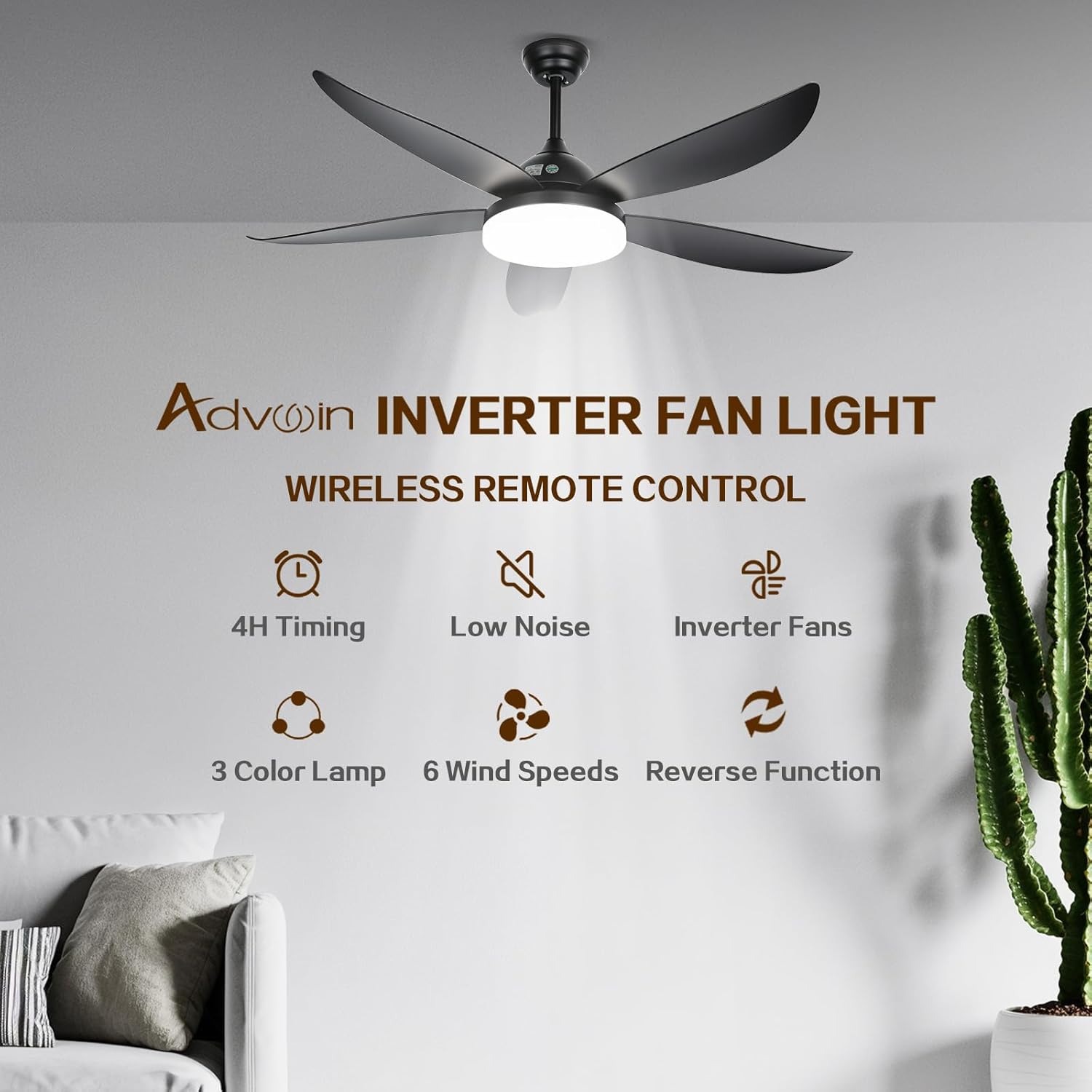 Advwin Ceiling Fans with 3-Color Light & 6 Speed, Cooling Fans with 5 Quiet DC Reversible Blades for Patio, Bedroom, Living Room, Dining Room | Black - White image number 7