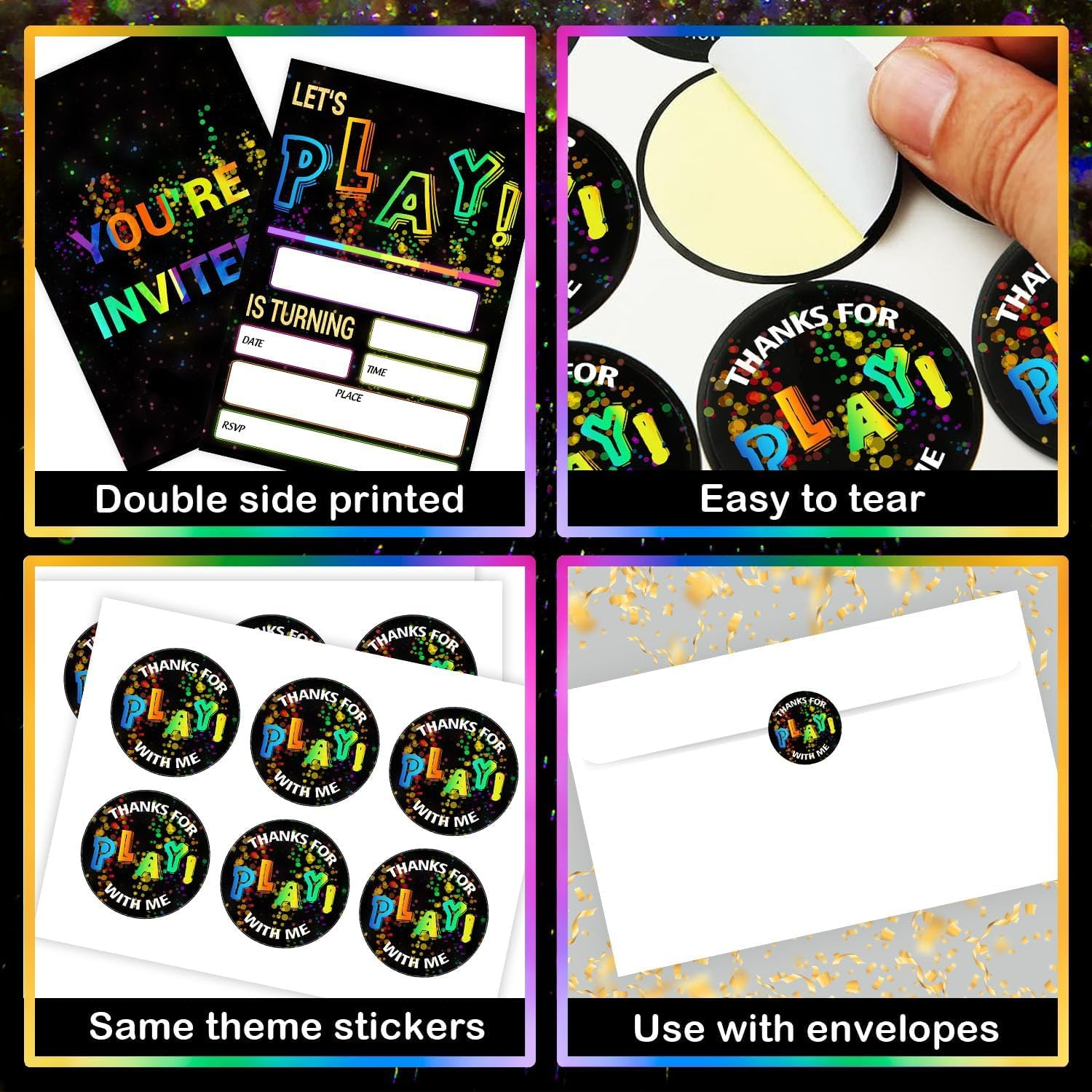 20 Pcak Glow Birthday Invitations Let'S Play Birthday Party Invitations, 4 X 6 Inch Glow Trampoline Play Party Invitation Cards, Double-Sided Party Invitation,20 Cards Envelopes Stickers image number 3