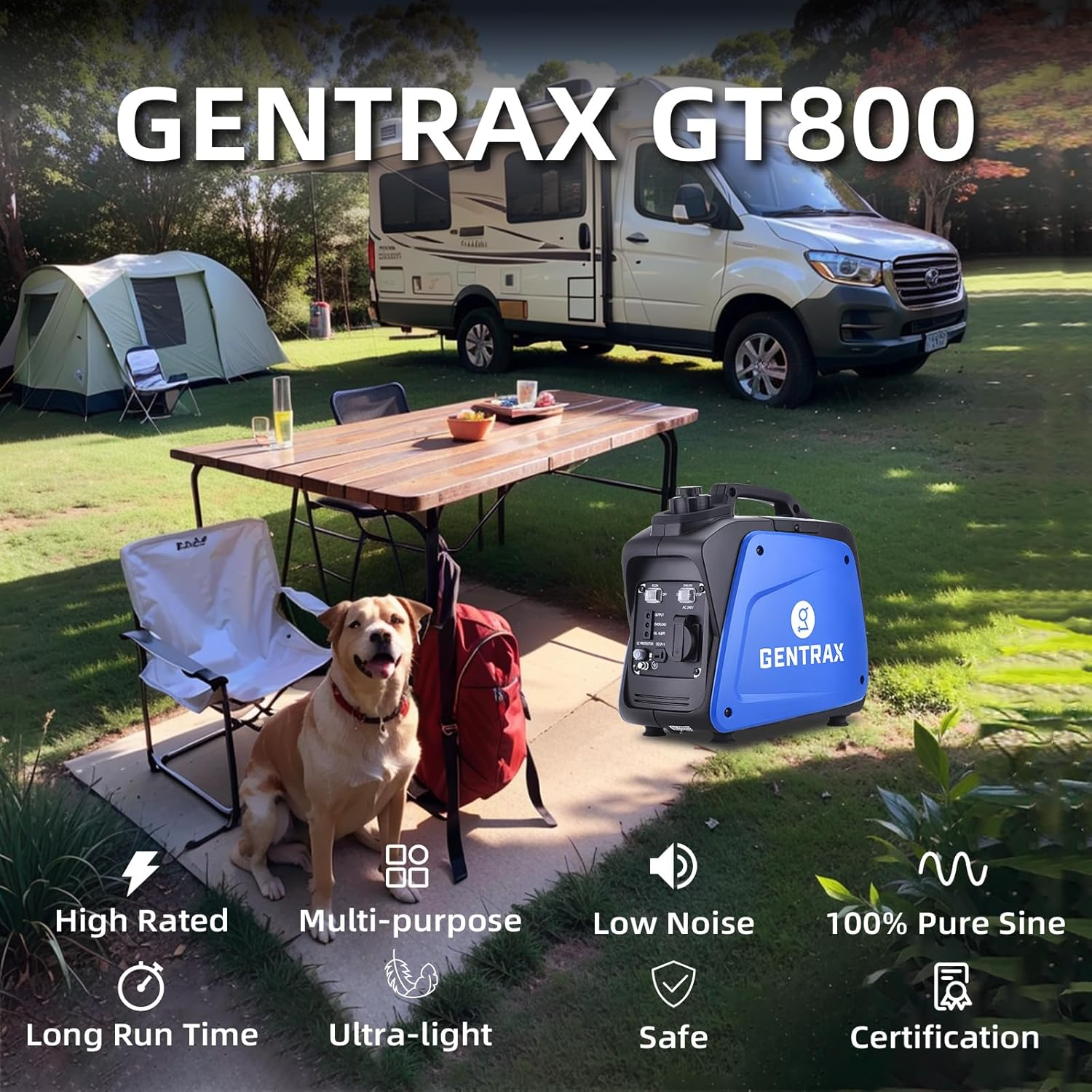 Gentrax 700W Portable Inverter Generator - 800W Peak, 100% Pure Sine Wave, Ultra-Light 8.5Kg, Petrol Powered, Ideal for Outdoor Camping and Emergency Home Backup - Blue image number 2