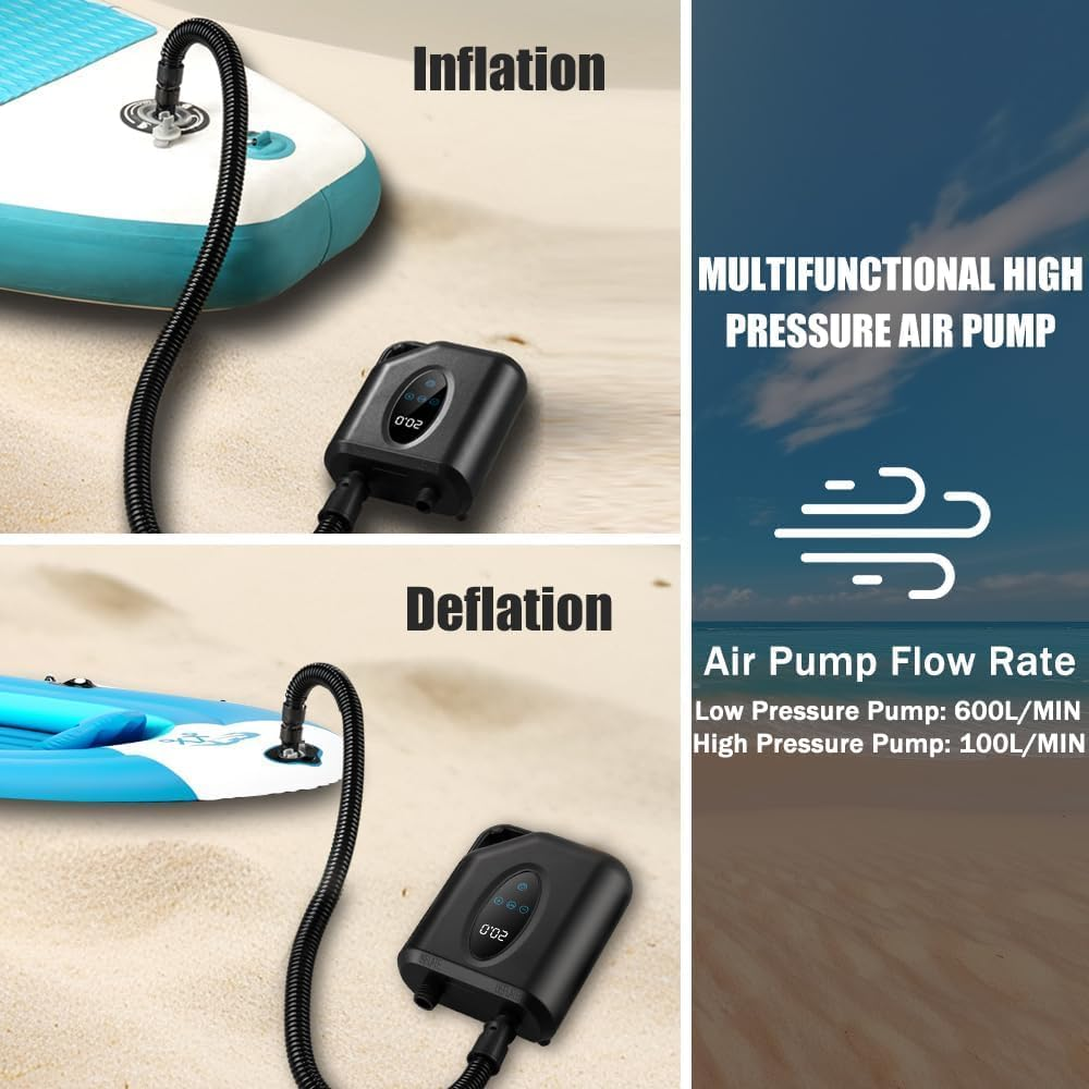 B-Qtech 12000Mah Electric Paddle Board Pump SUP Pump Rechargeable, 20PSI High Pressure with Dual Stage Inflator/Deflator, 12V DC Car Connector for Kayak, Wing, Tent, Boat image number 1