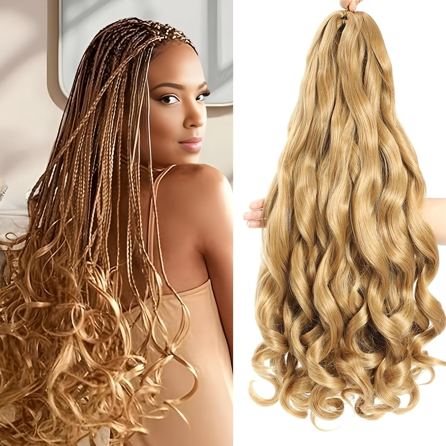 Locescsoc 24 Inch French Curls Braiding Hair 8 Packs Spanish Curly Braids Pre Stretched Loose Wave Soft French Curl Synthetic Braiding Hair Extensions for Women (27#, 24 Inch (Pack of 8)) - 1B/27 image number 7