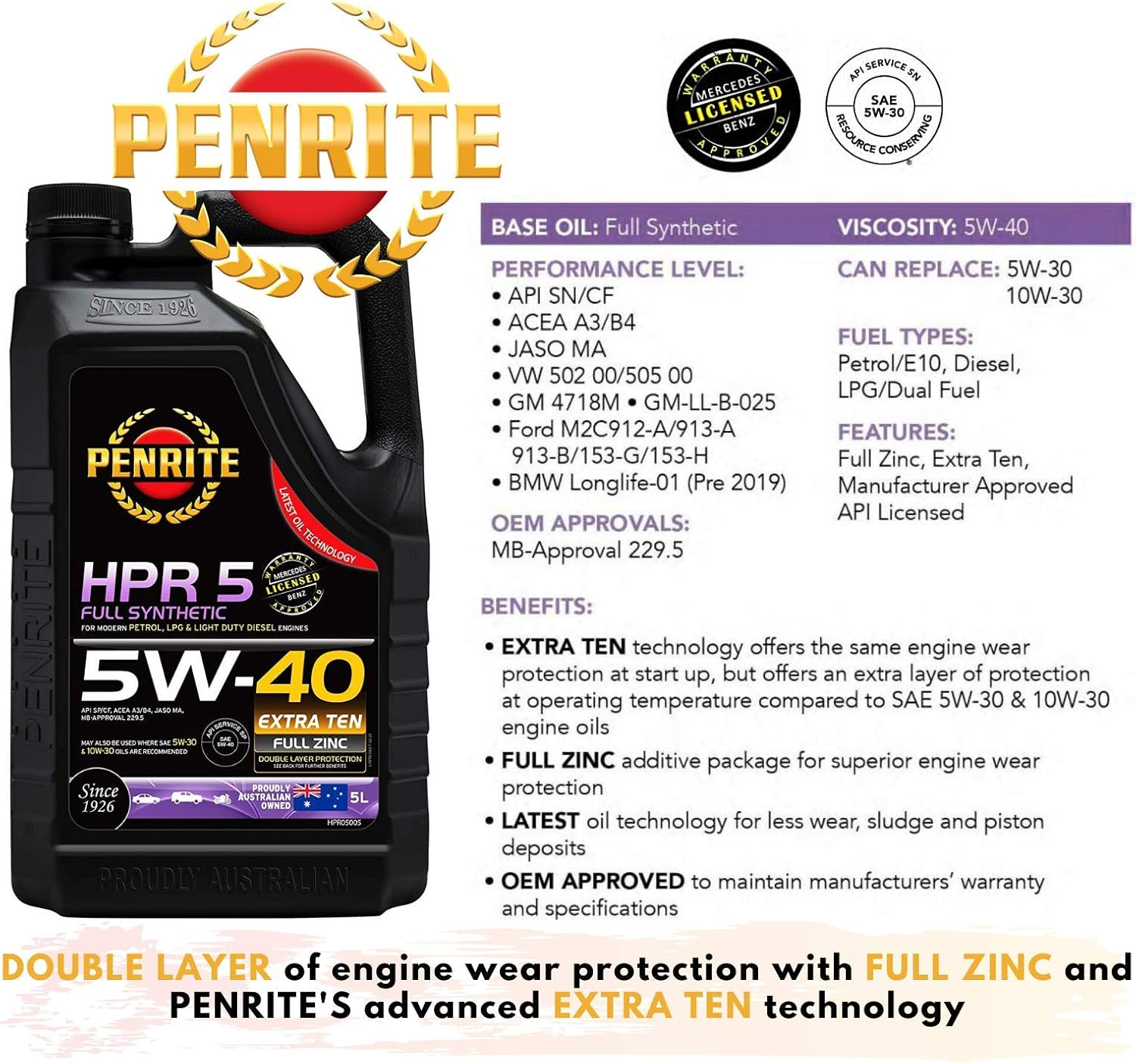 Penrite HPR5 5W-40 Full Synthetic Engine Oil, 5 Litre image number 6