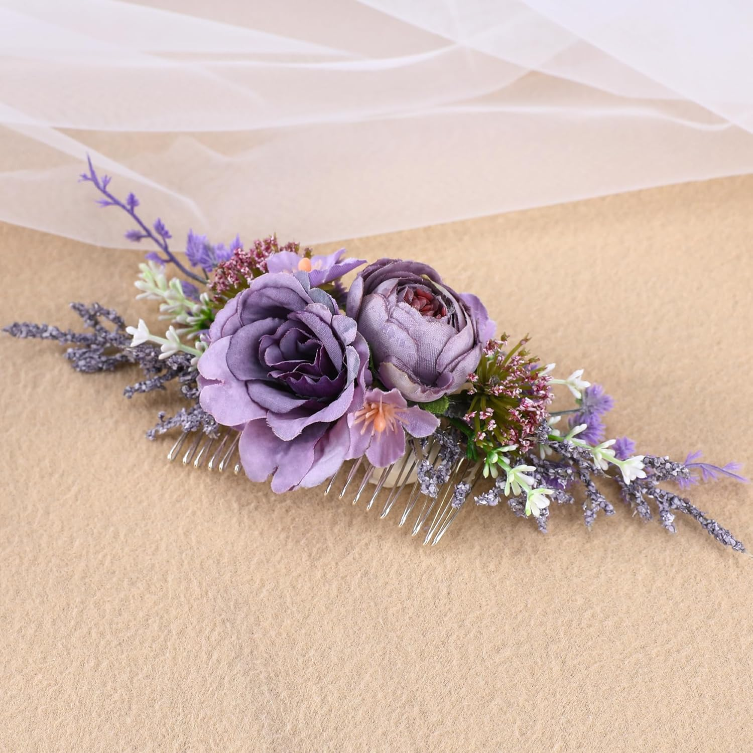 Partyforu Purple Flower Hair Comb for Women Handmade Wedding Combs Bridal Comb for Bride Bridesmaid Prom Bridal Shower Maternity Shoot image number 4