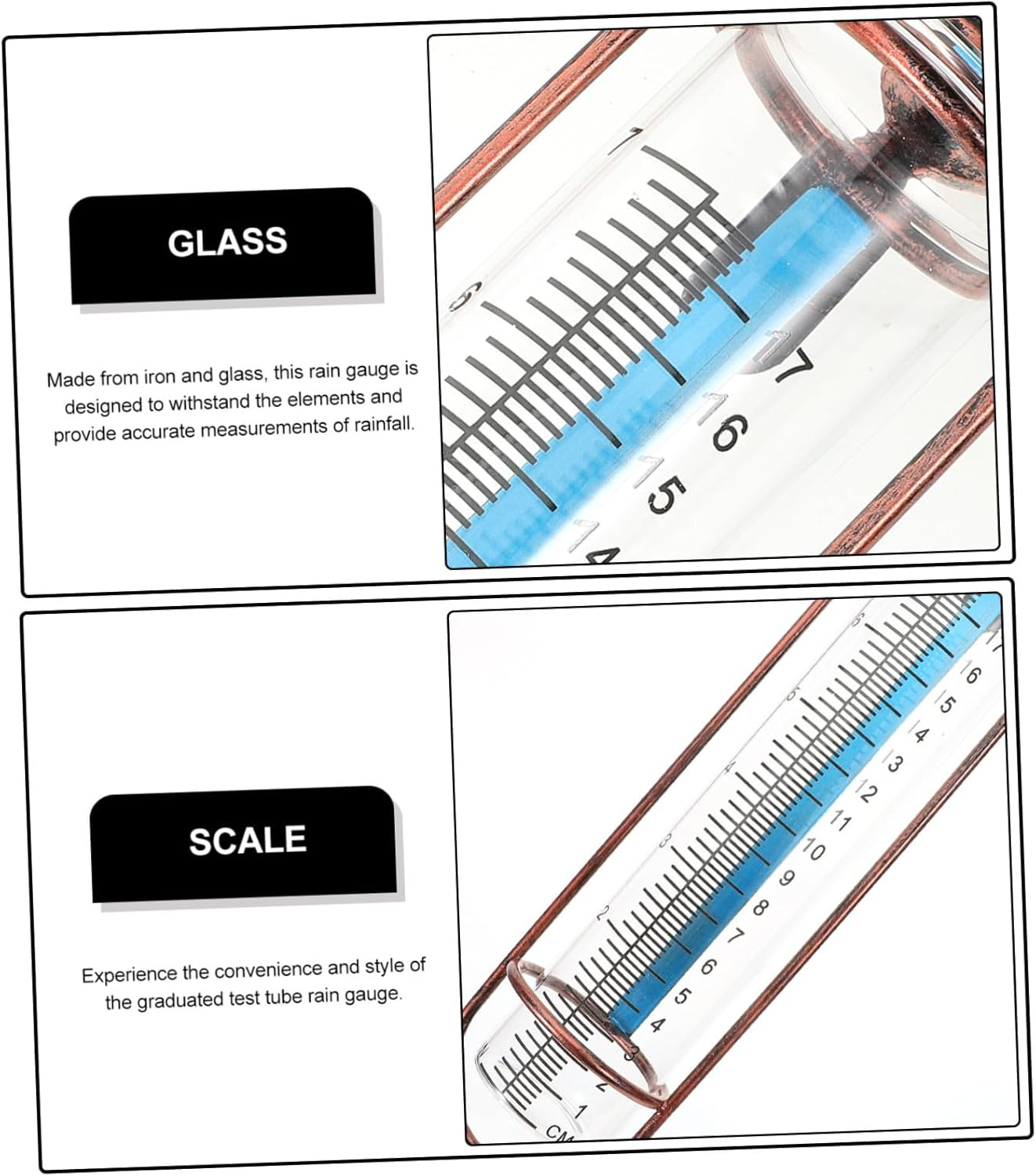 Replacement Rain Gauge Tube Glass and Iron Outdoor Measurement Tool with Red Gasket for Garden Lawn Weather-Resistant Digital Rain Gauge Tube image number 1