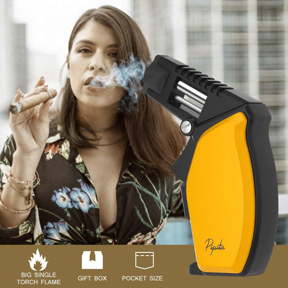 PIPITA Windproof Torch Lighter, Adjustable Big Single Blue Flame Torch Firelighters Refillable Butane Gas Lighter (Butane Not Included) (Yellow)