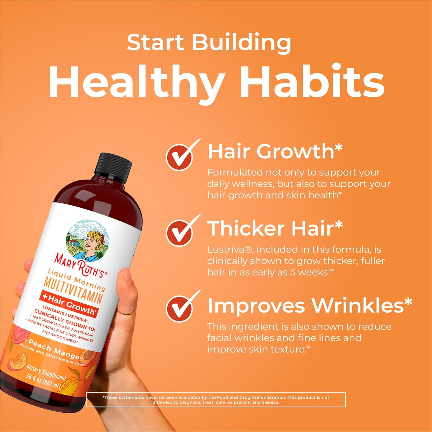 Maryruth'S Liquid Multivitamin + Lustriva&reg; Hair Growth for Women| Biotin 10000Mcg | Vitamin D | B Vitamins | Clinically Tested for Thicker Hair, Wrinkles, Fine Lines, Skin Care | Ages 18+ | 30 Fl Oz image number 2