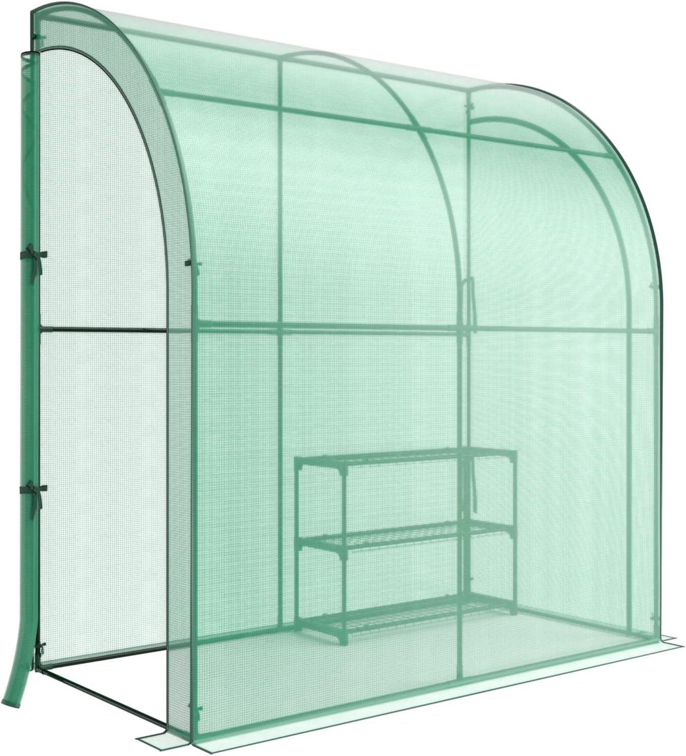 Giantex Walk-In Lean-To Greenhouse - with 3-Tier Plant Stand, 7&rsquo;X 3.5&rsquo;X 7&rsquo; Green House, PE Grid Cover, 2 Zipper Doors, Ground Stakes & Ropes, Wall House for Plant Nursery image number 2