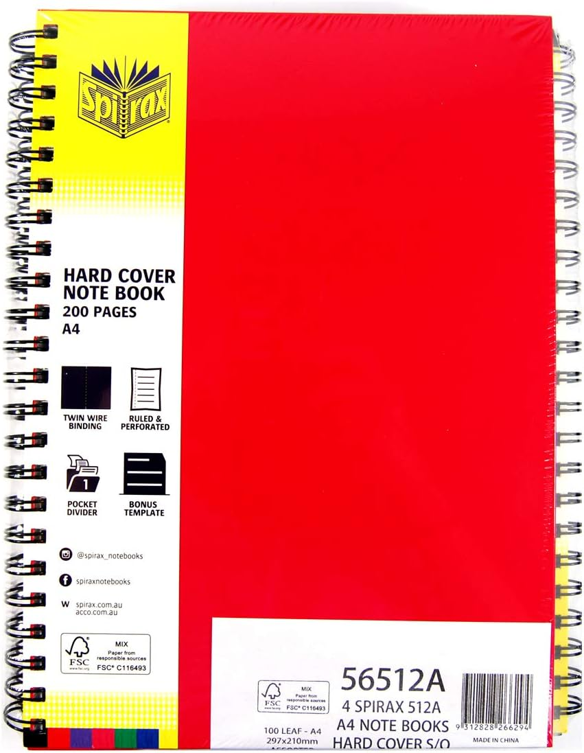 Side Opening Book Spirax No. 512 Hardcover A4 Assorted Notebook 4 Pack, (85607)